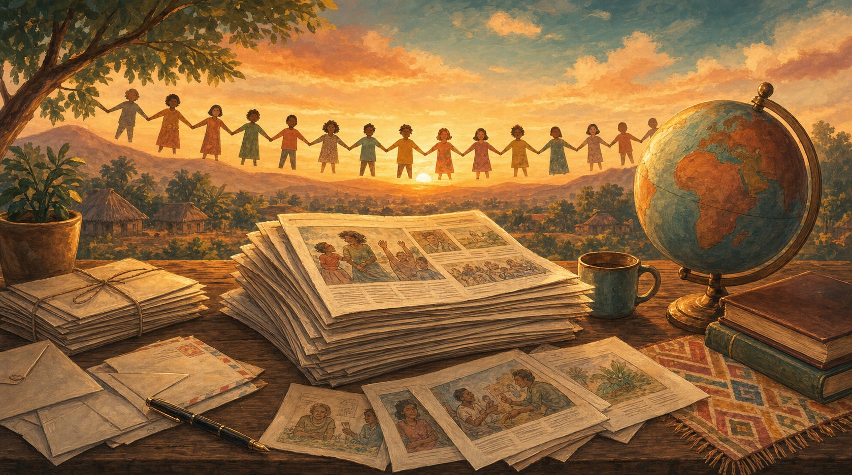 A stack of illustrated newspapers and letters on a wooden table, with a small globe nearby and a line of paper-cutout figures holding hands across a sunrise horizon.