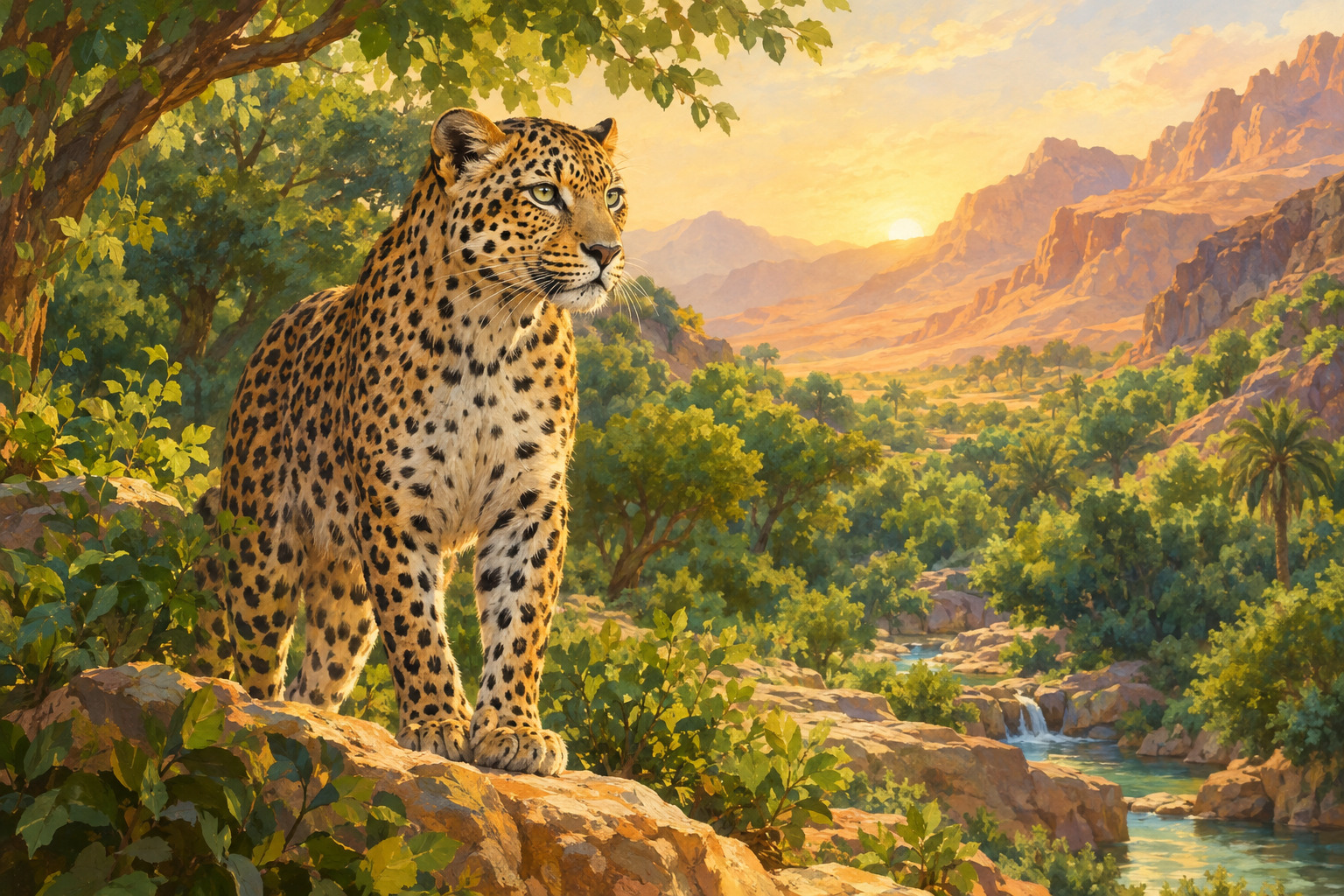 An Arabian leopard rests among rocky shapes near a new conservation habitat.
