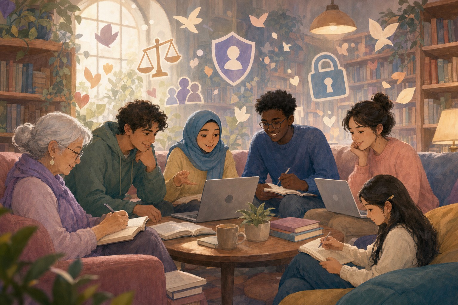 People learning together in a cozy library setting, representing a free online course open to everyone.