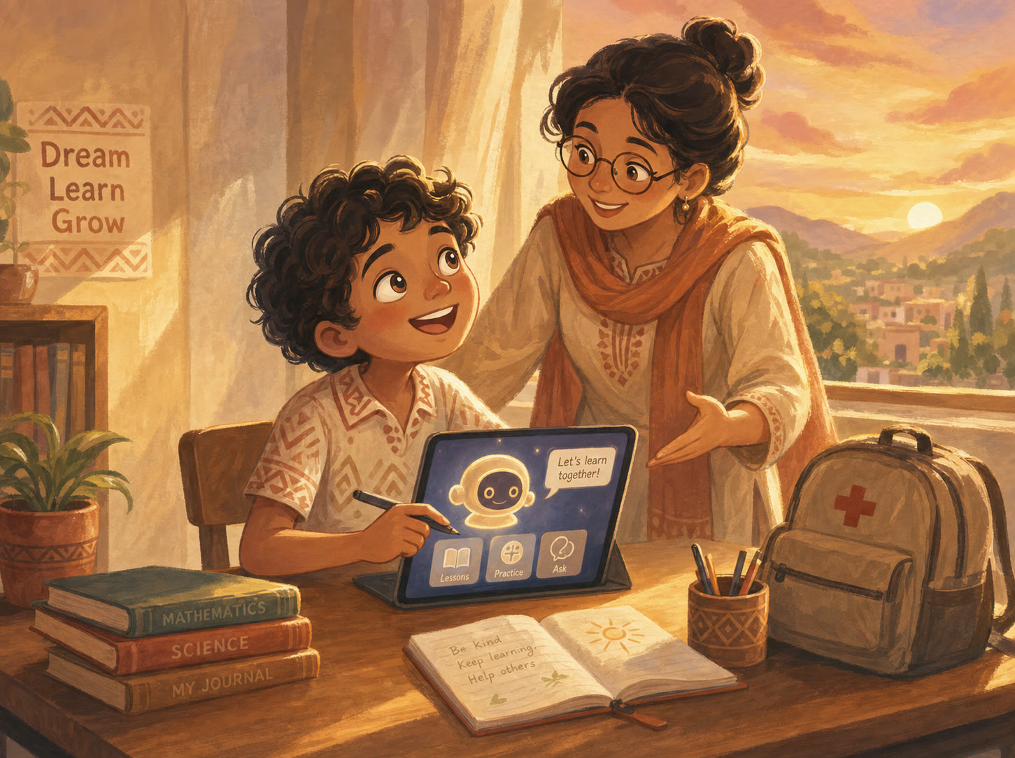 A teenage student at a sunlit desk using a tablet with a friendly learning assistant, a supportive teacher guiding nearby.