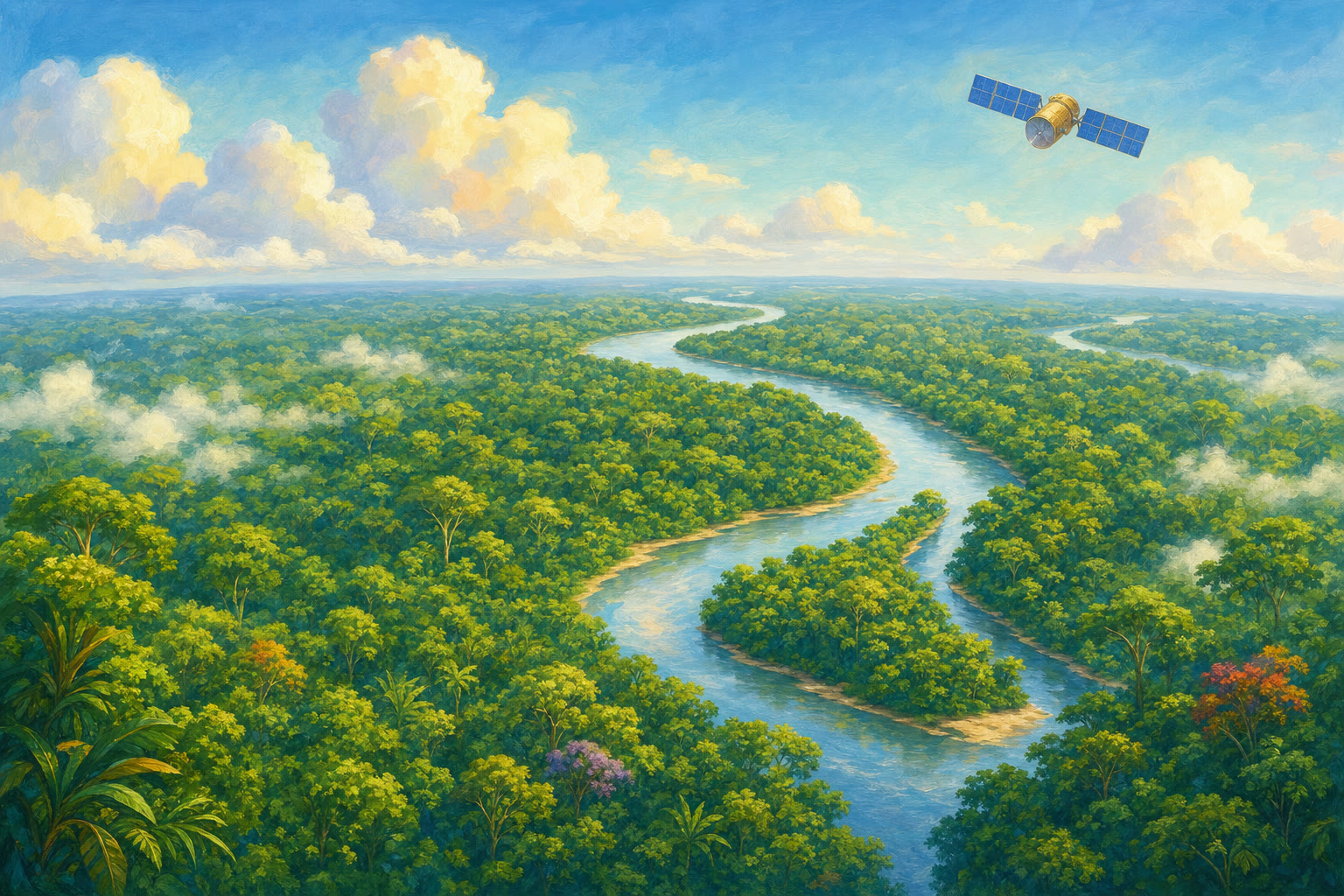 A healthy Amazon rainforest and river beneath a small monitoring satellite.