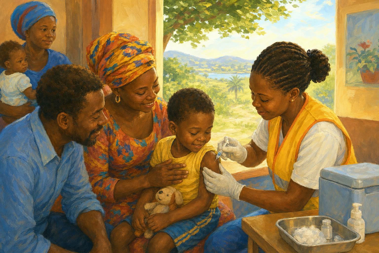 Health workers vaccinating a child at a welcoming community clinic in Angola.