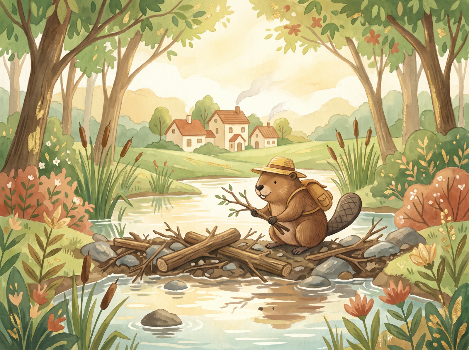 A beaver working on a dam in a calm green stream near a quiet neighborhood.