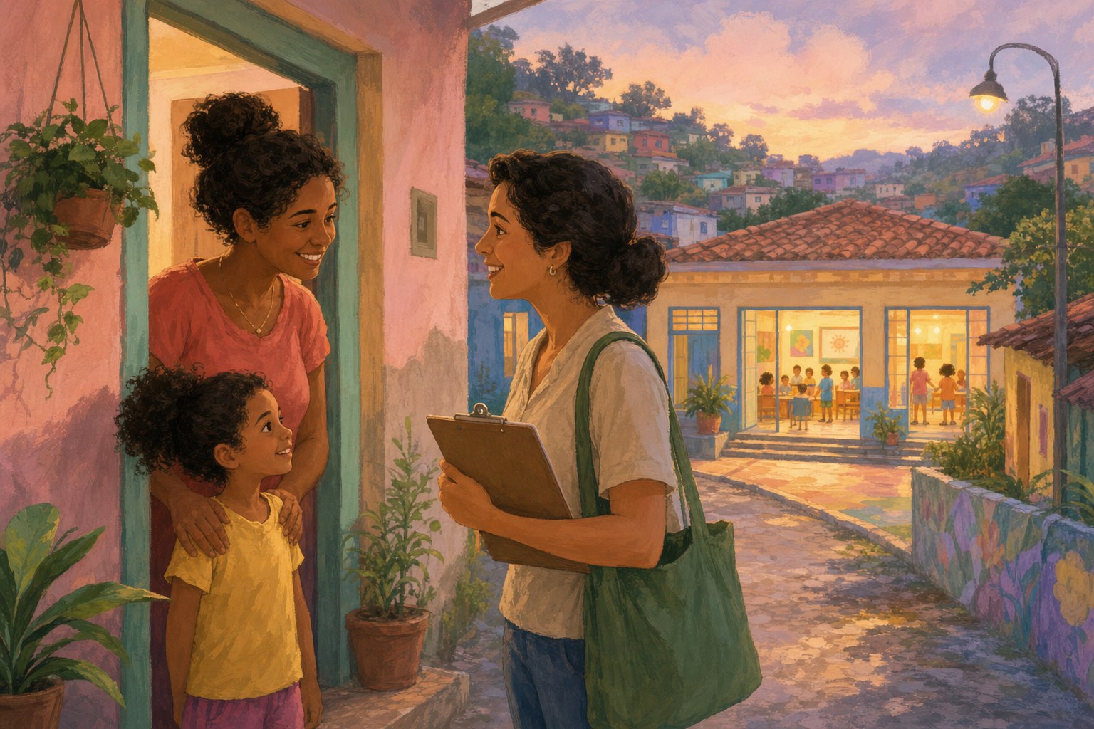 A community worker speaks with a parent and child near their home, with a school in the background.