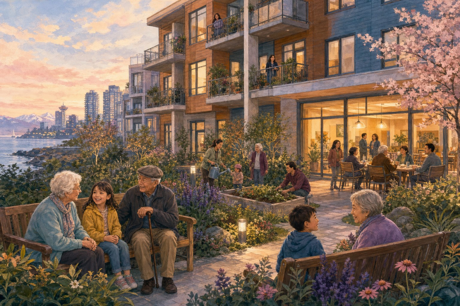 A welcoming multi-generational apartment building with a shared courtyard where neighbors of different ages gather.