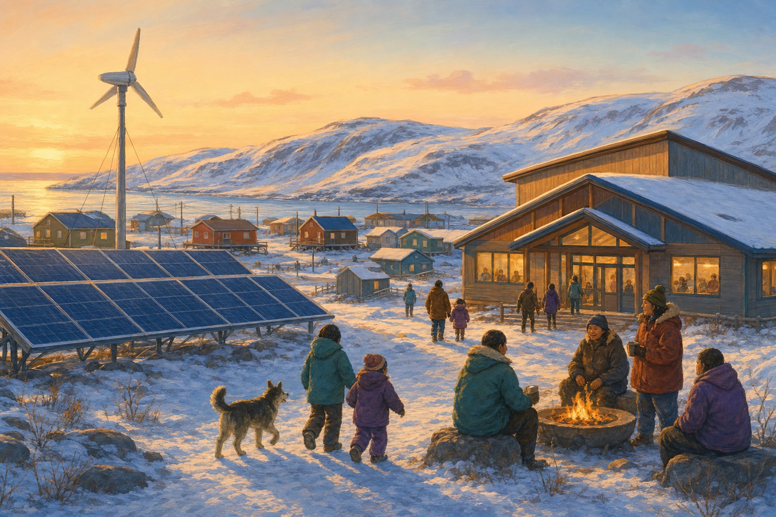 A northern community using solar and wind energy alongside local buildings and snowy hills.
