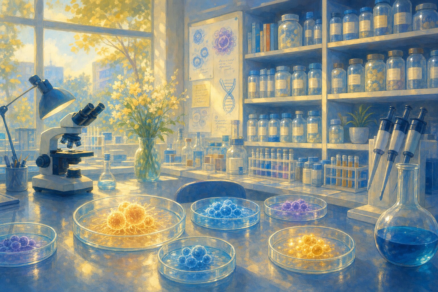 A bright research laboratory with carefully arranged cancer cell models prepared for study.