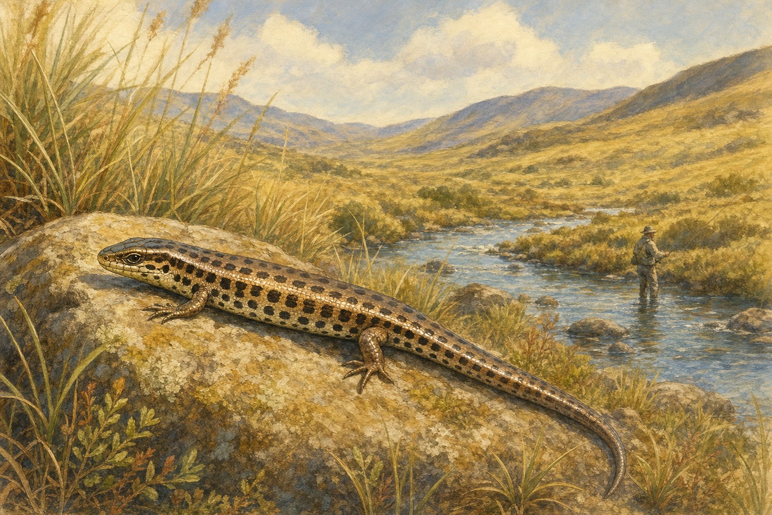 A small speckled skink basking on a rock in New Zealand tussock grassland.