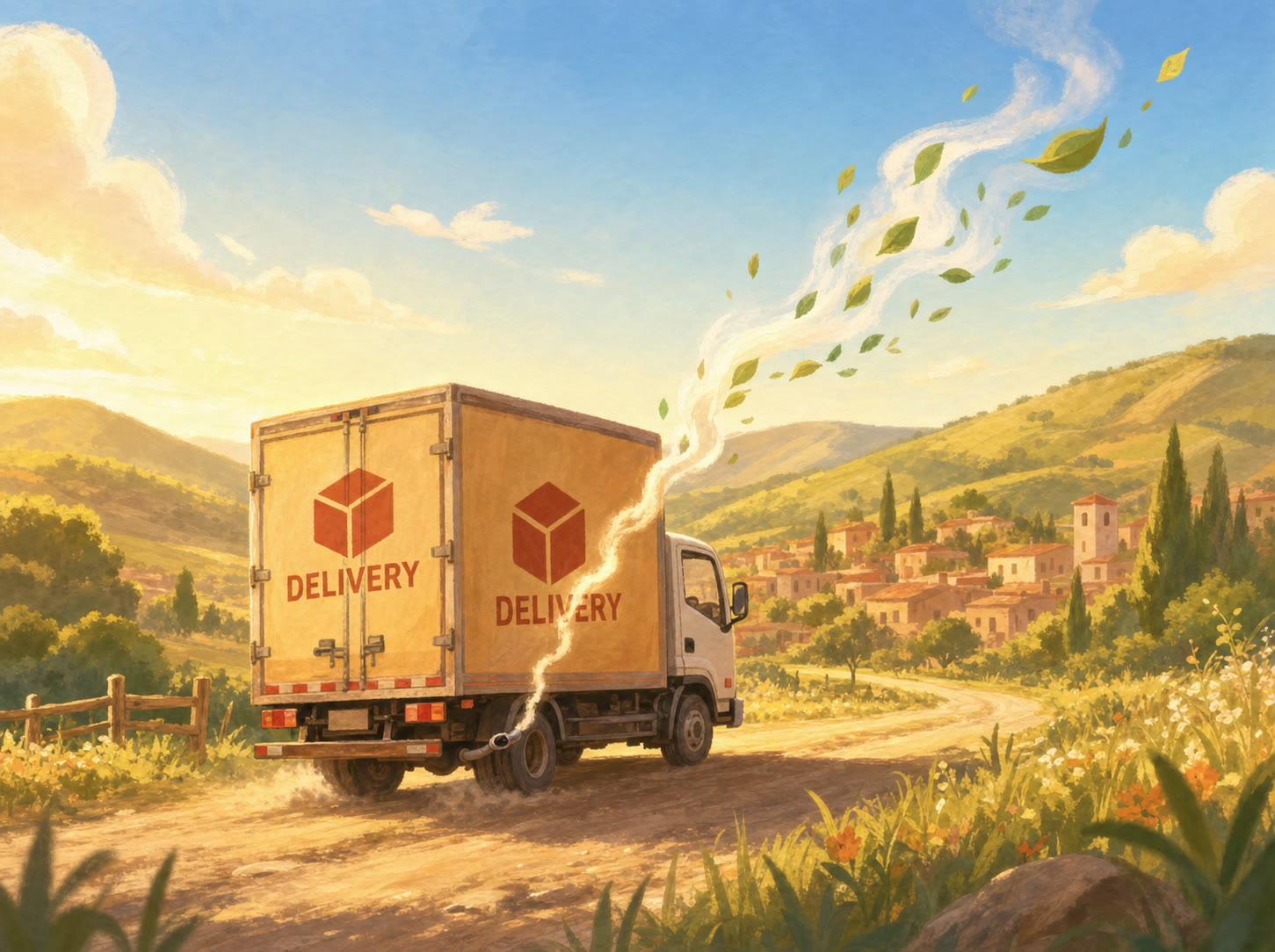 A delivery truck driving down a countryside road under a clear blue sky, with clean exhaust drifting upward like leaves.