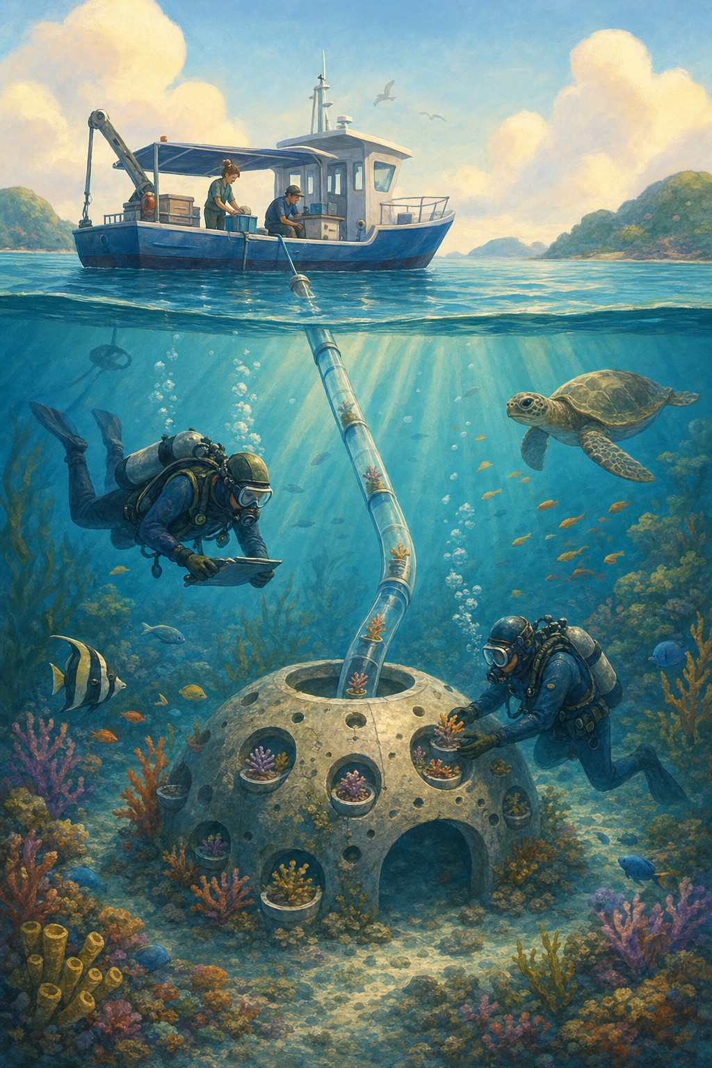 Illustration of divers restoring corals on the seafloor near a research vessel.
