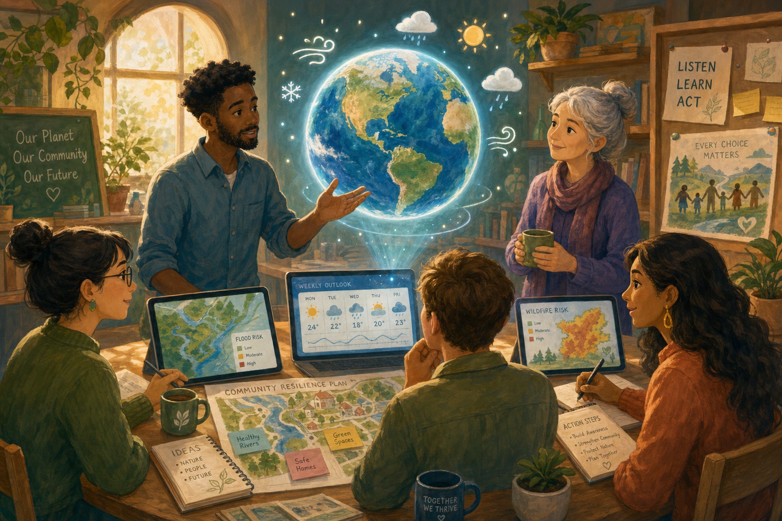 People look at a stylized digital globe and simple climate maps on screens.