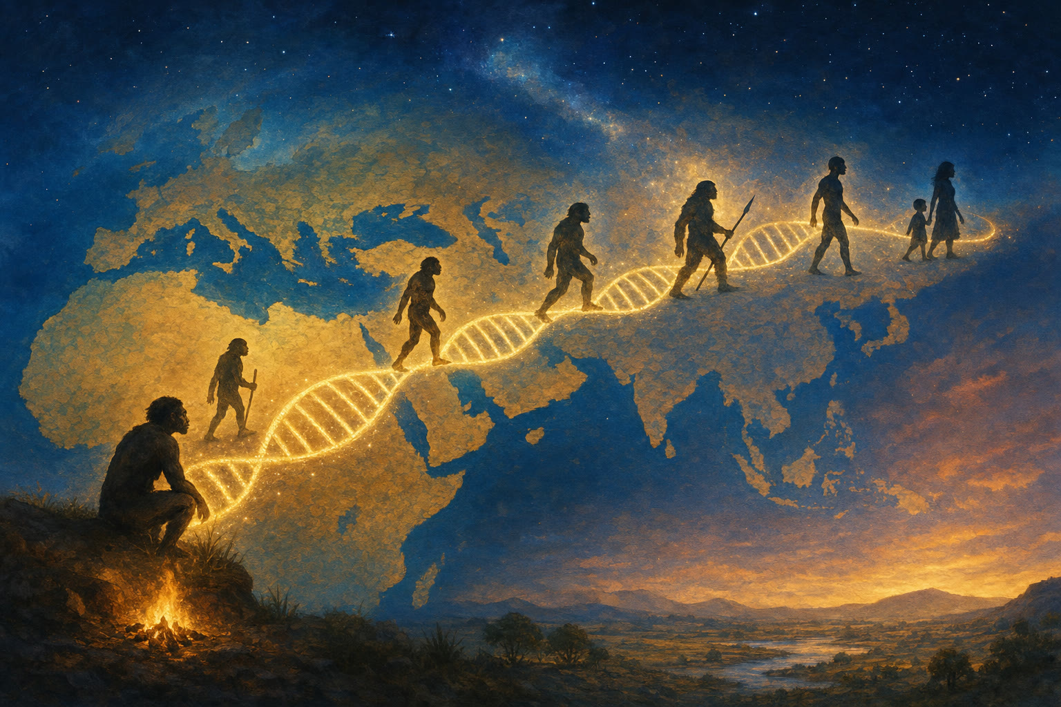 A glowing DNA strand connecting ancient human relatives across a map of Africa and Eurasia.