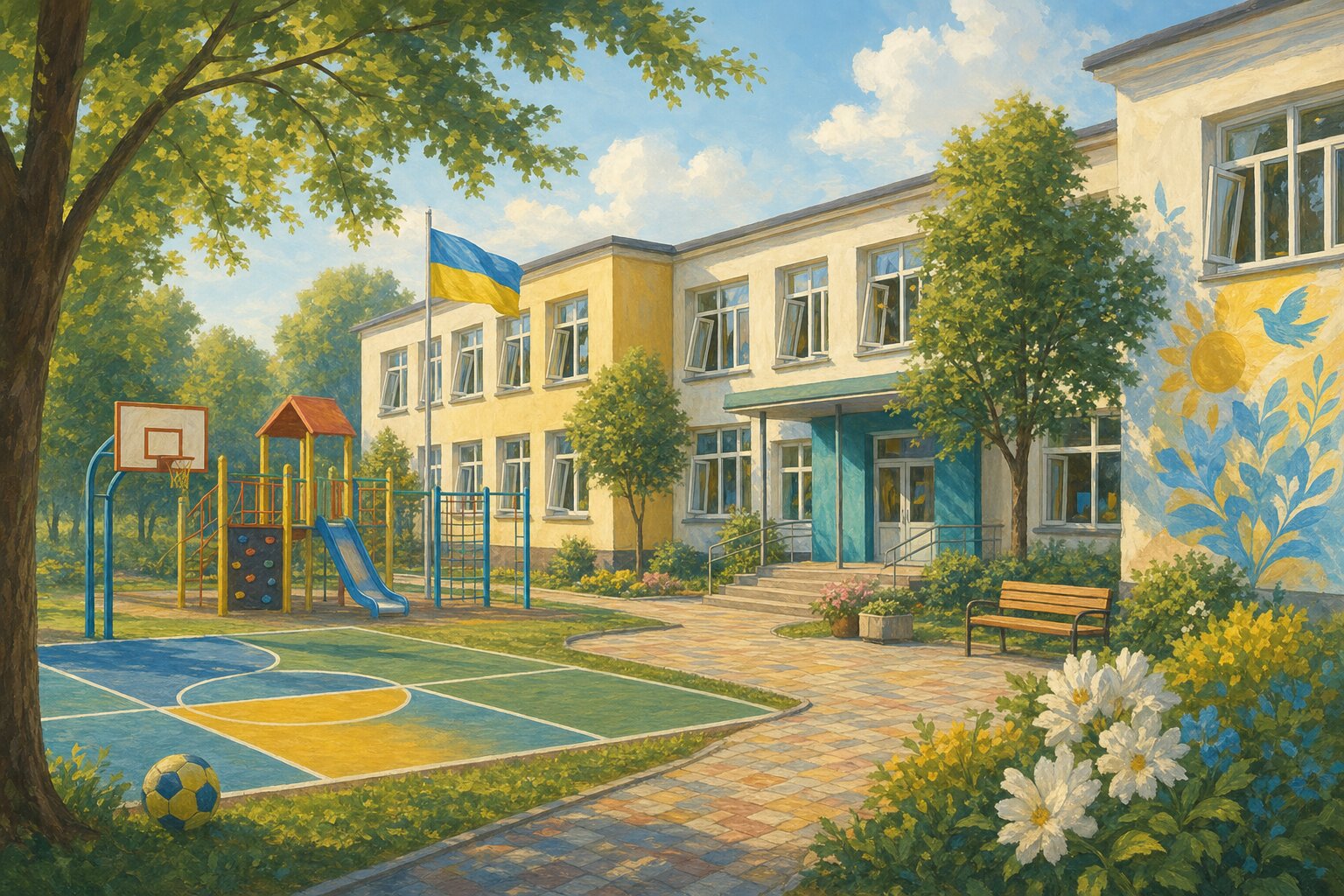 A repaired school courtyard in Dnipro with a playground and sports area ready for students.