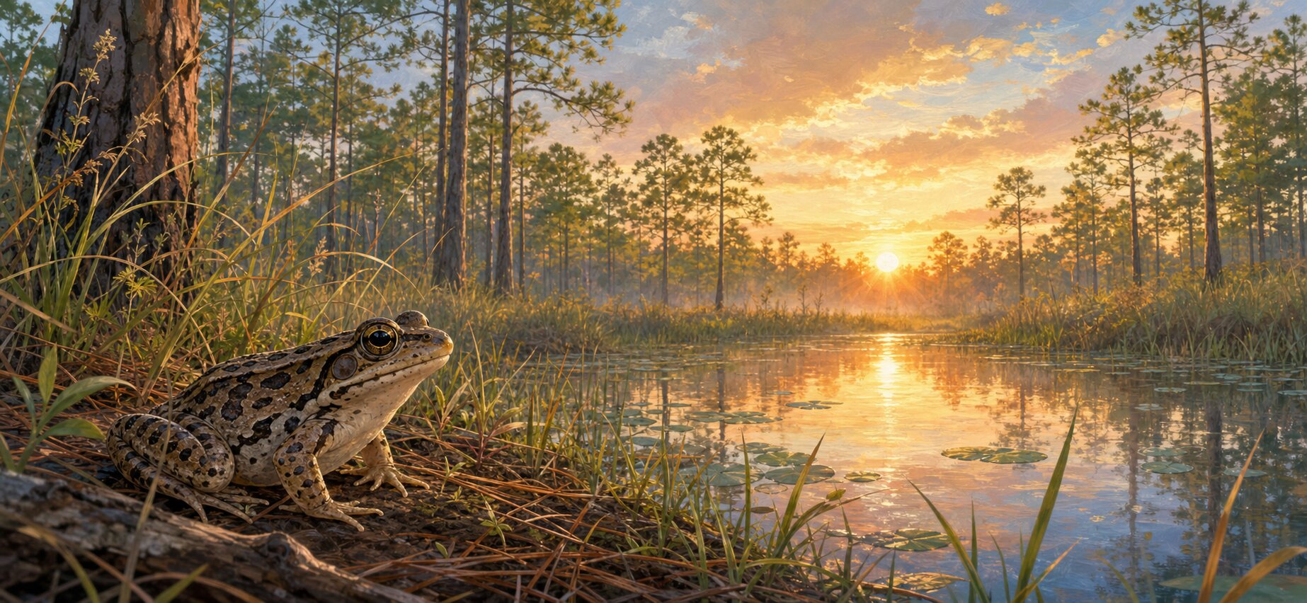 A dusky gopher frog beside a quiet pond in a sunlit longleaf pine woodland.