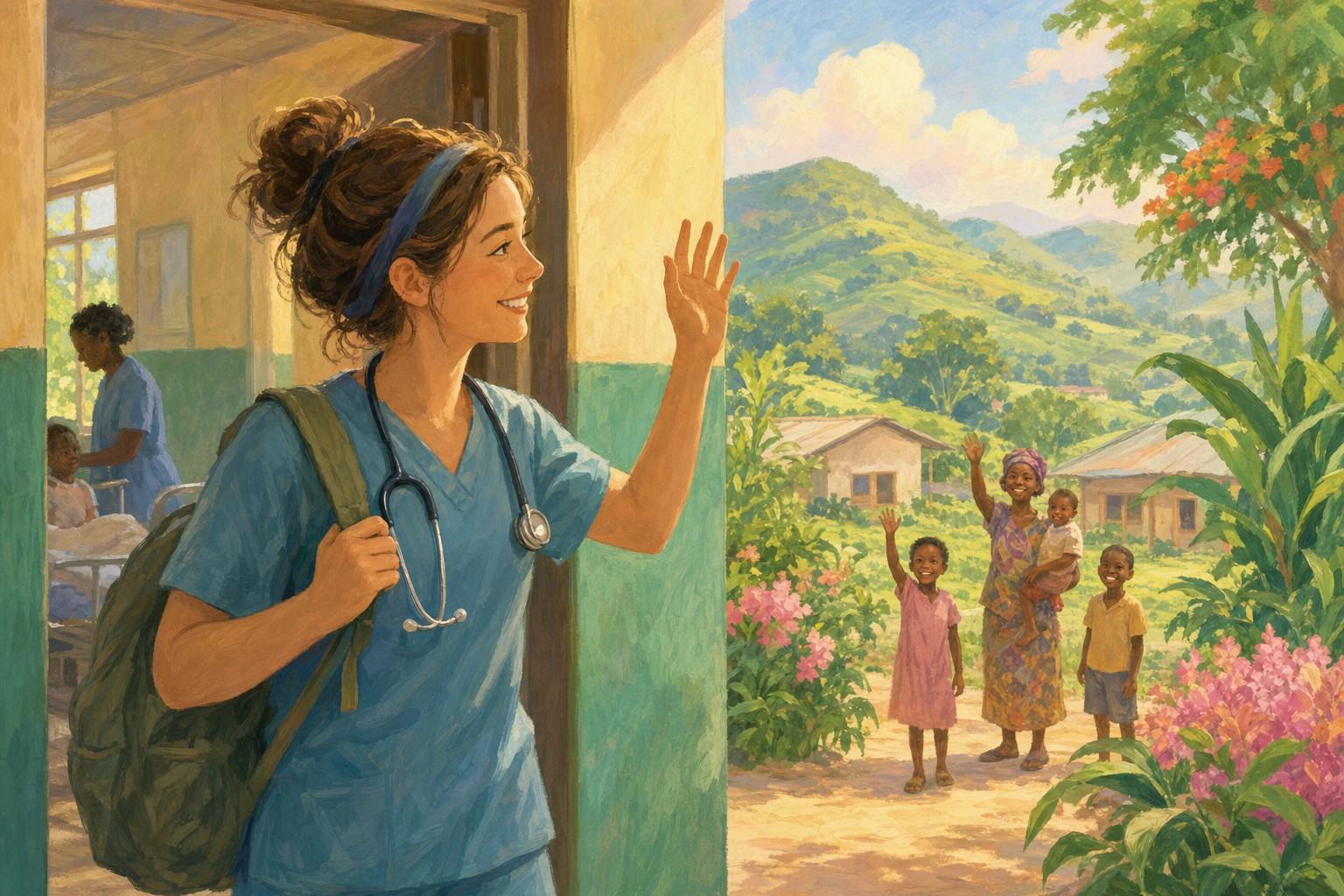 A healthcare worker stands outside a clinic with a patient returning home, with a calm city background.