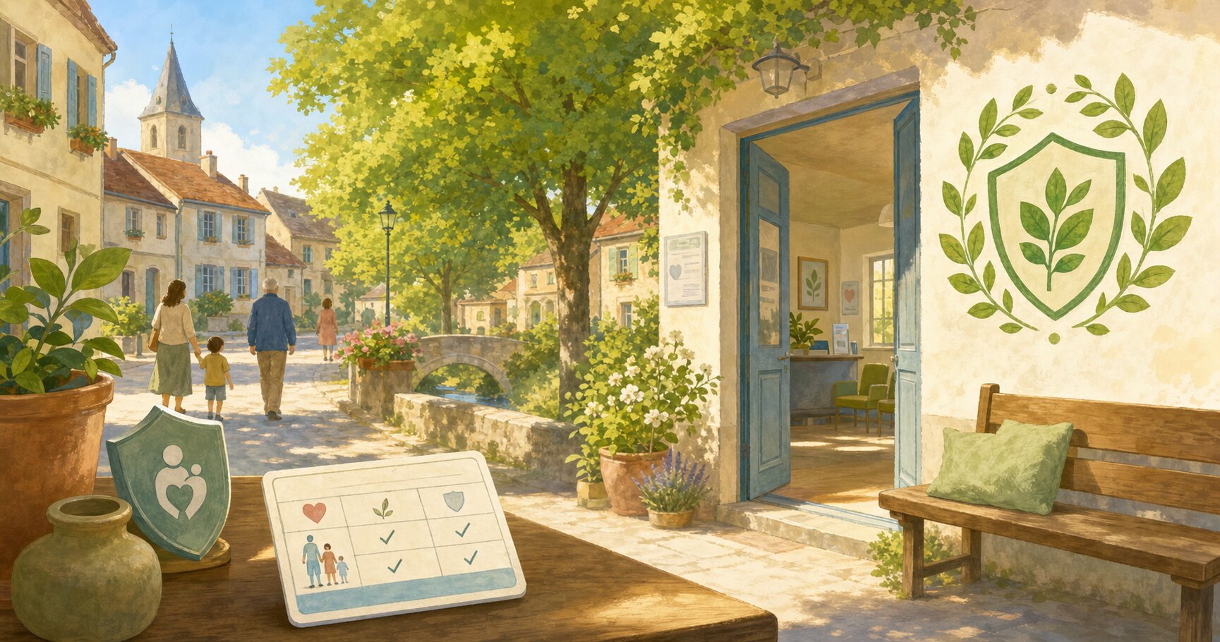 A sunlit community health clinic with a vaccination card and a gentle protective shield motif.