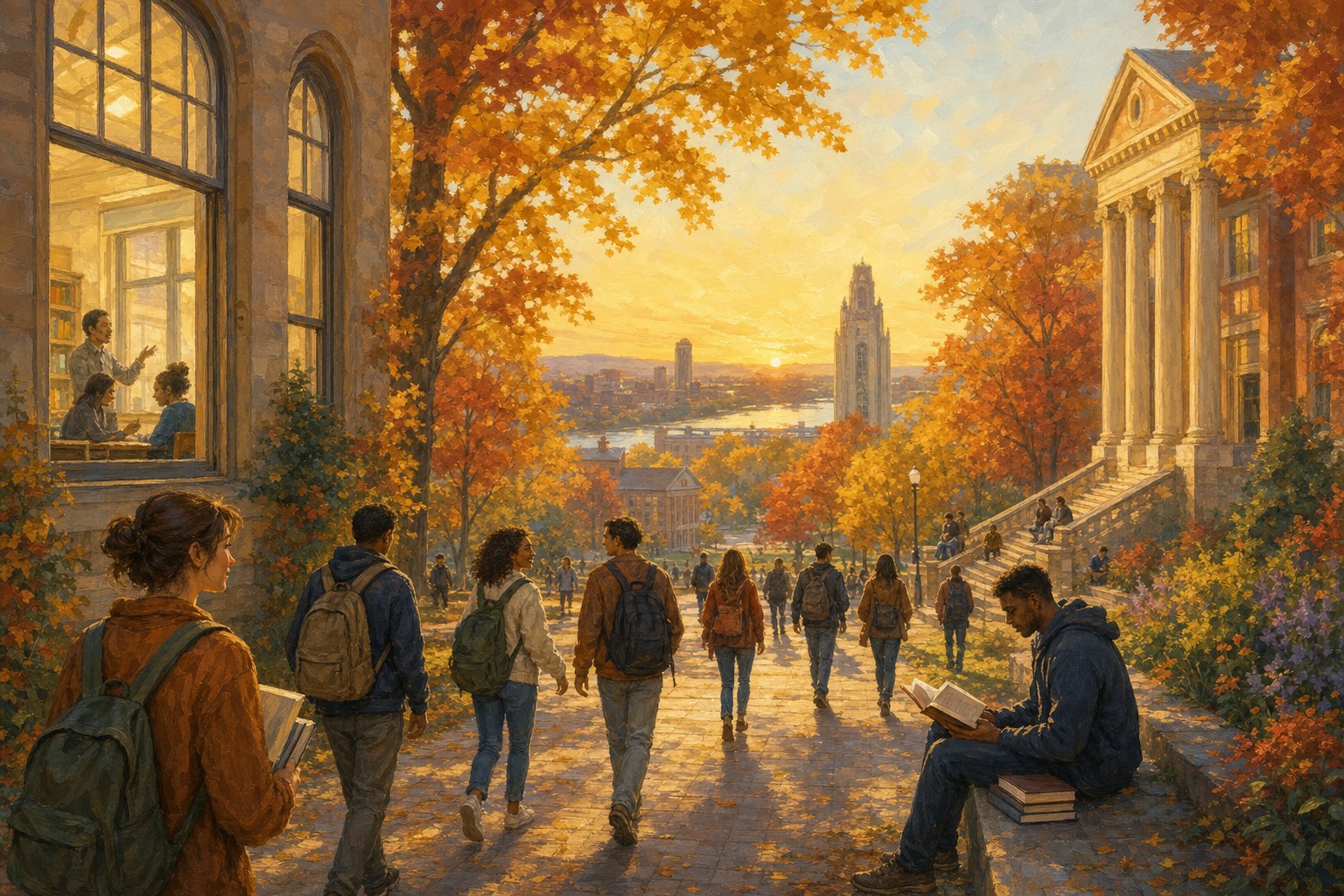 Students walking through a welcoming university campus beneath autumn trees.