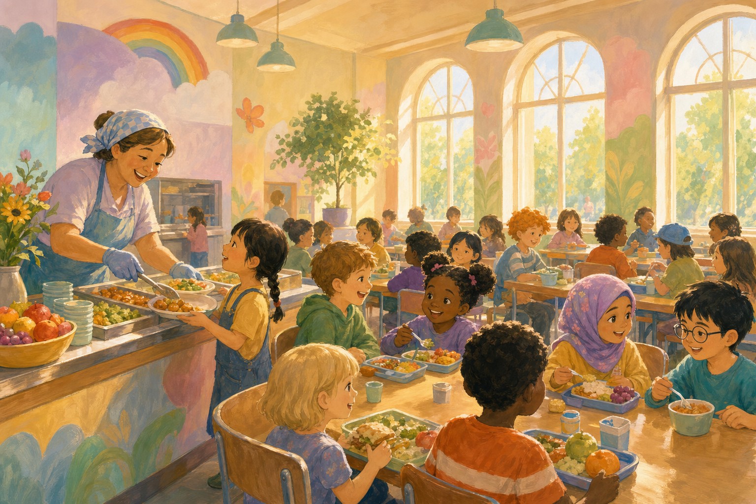 A school cafeteria worker hands a lunch tray to a child in a bright dining hall.
