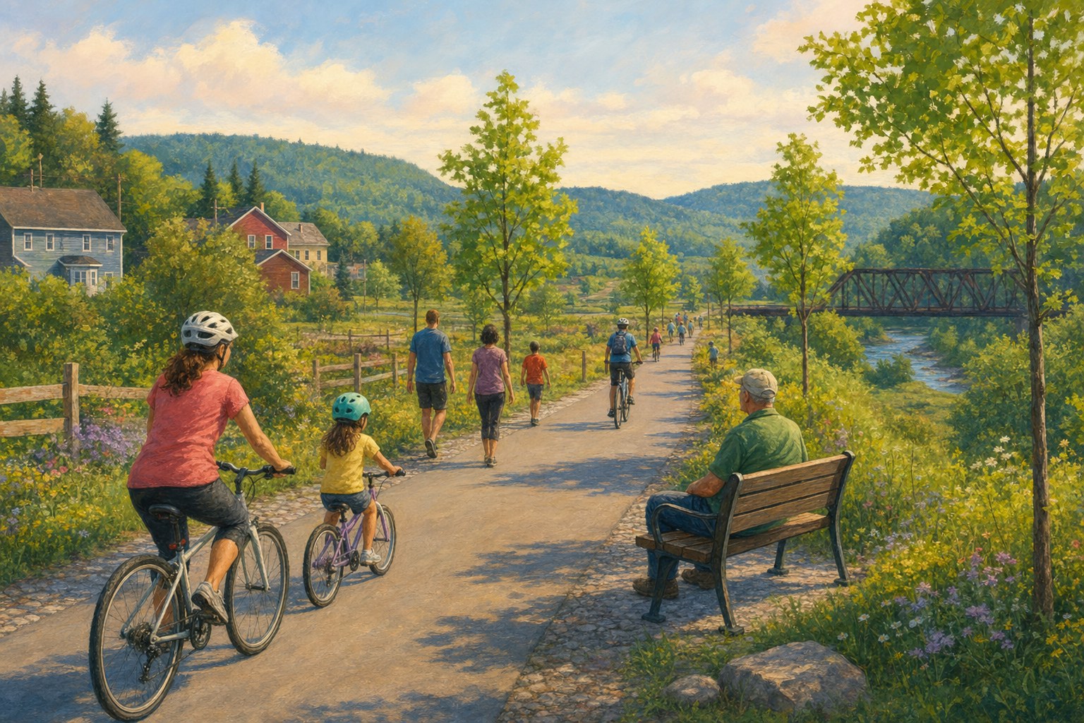People walking and cycling along a new paved trail through green New Brunswick countryside.