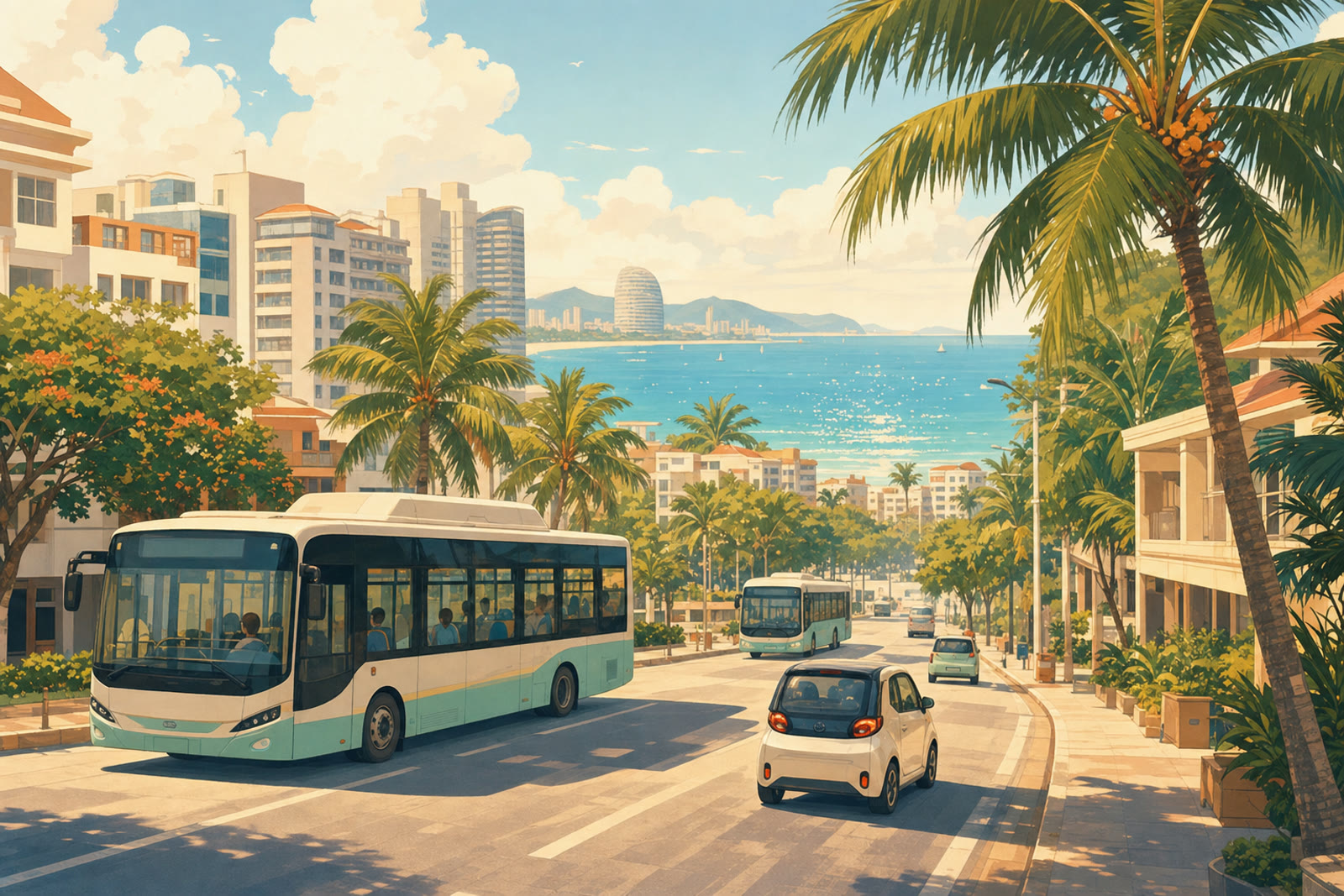 An illustrated coastal street with electric vehicles and palm trees, suggesting a transition away from petrol cars.