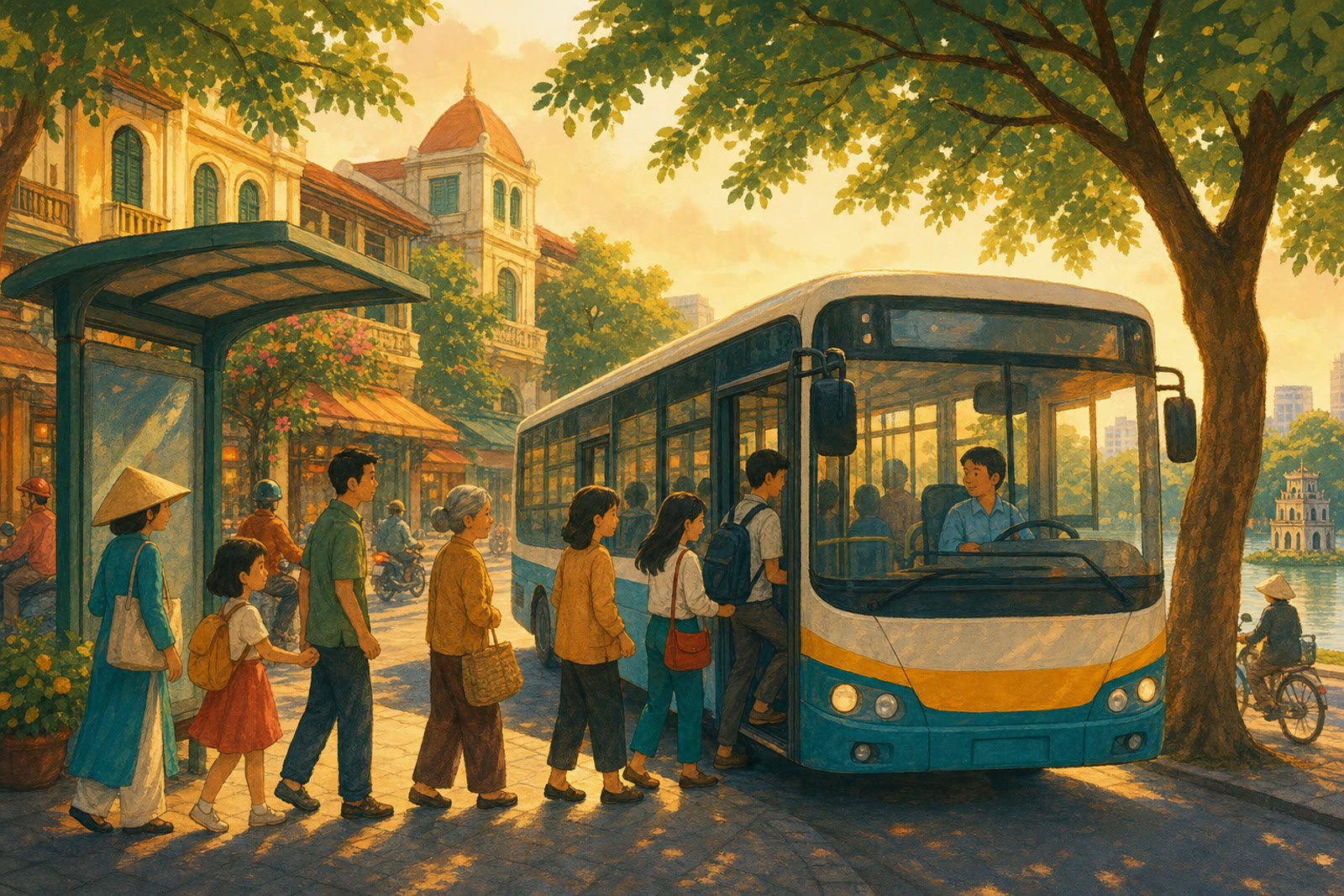 A city bus in Hanoi with riders boarding under shady trees in warm afternoon light.