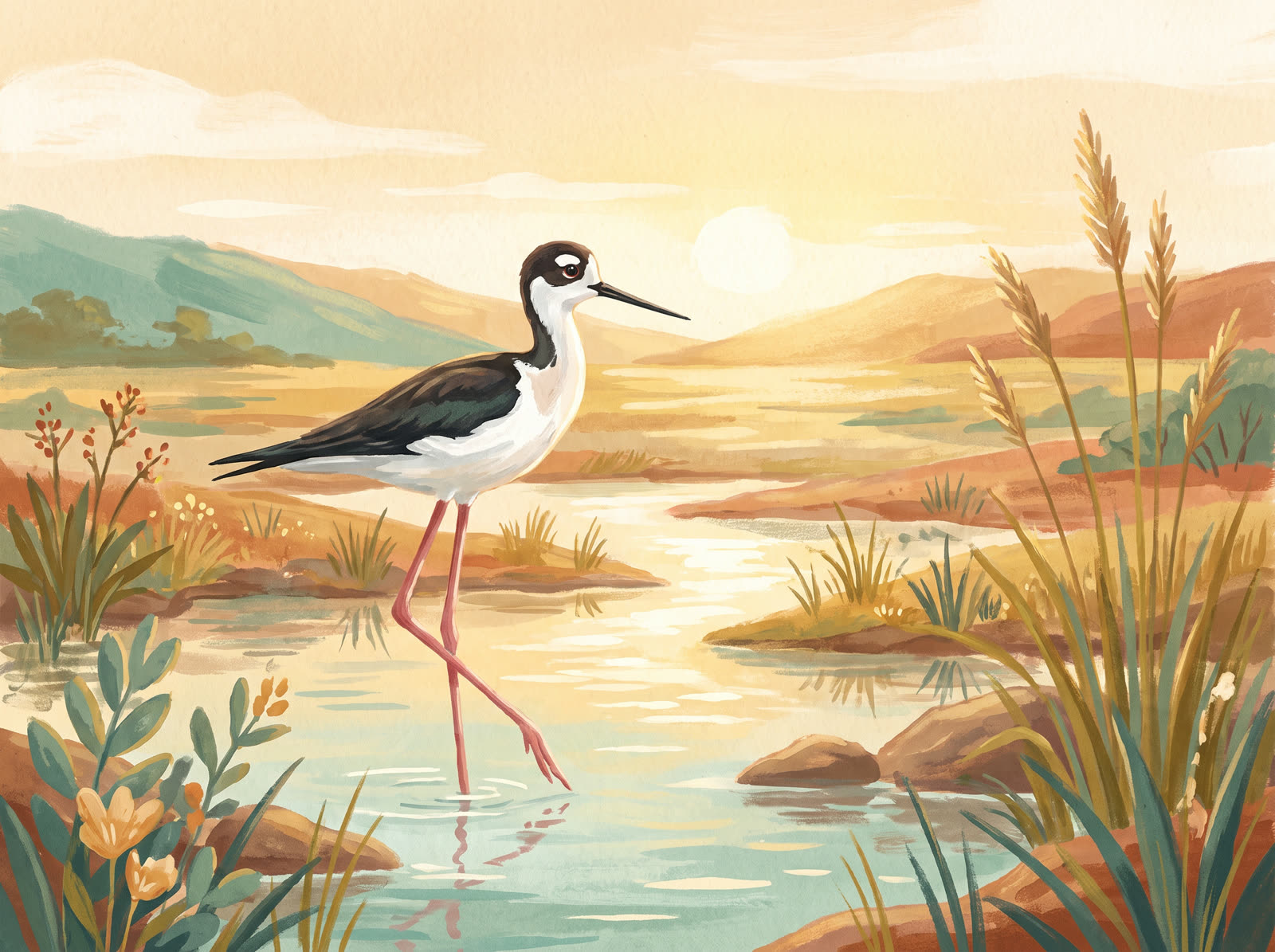 A graceful long-legged Hawaiian stilt wading bird standing in a calm golden wetland at sunset.