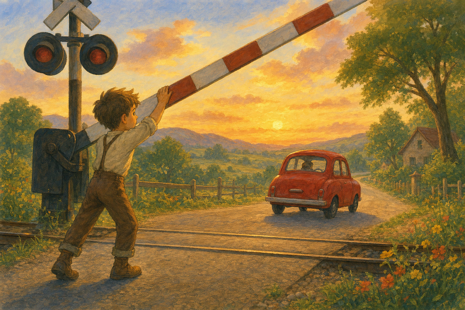 A passerby lifting a railroad crossing gate so a trapped car can move to safety.
