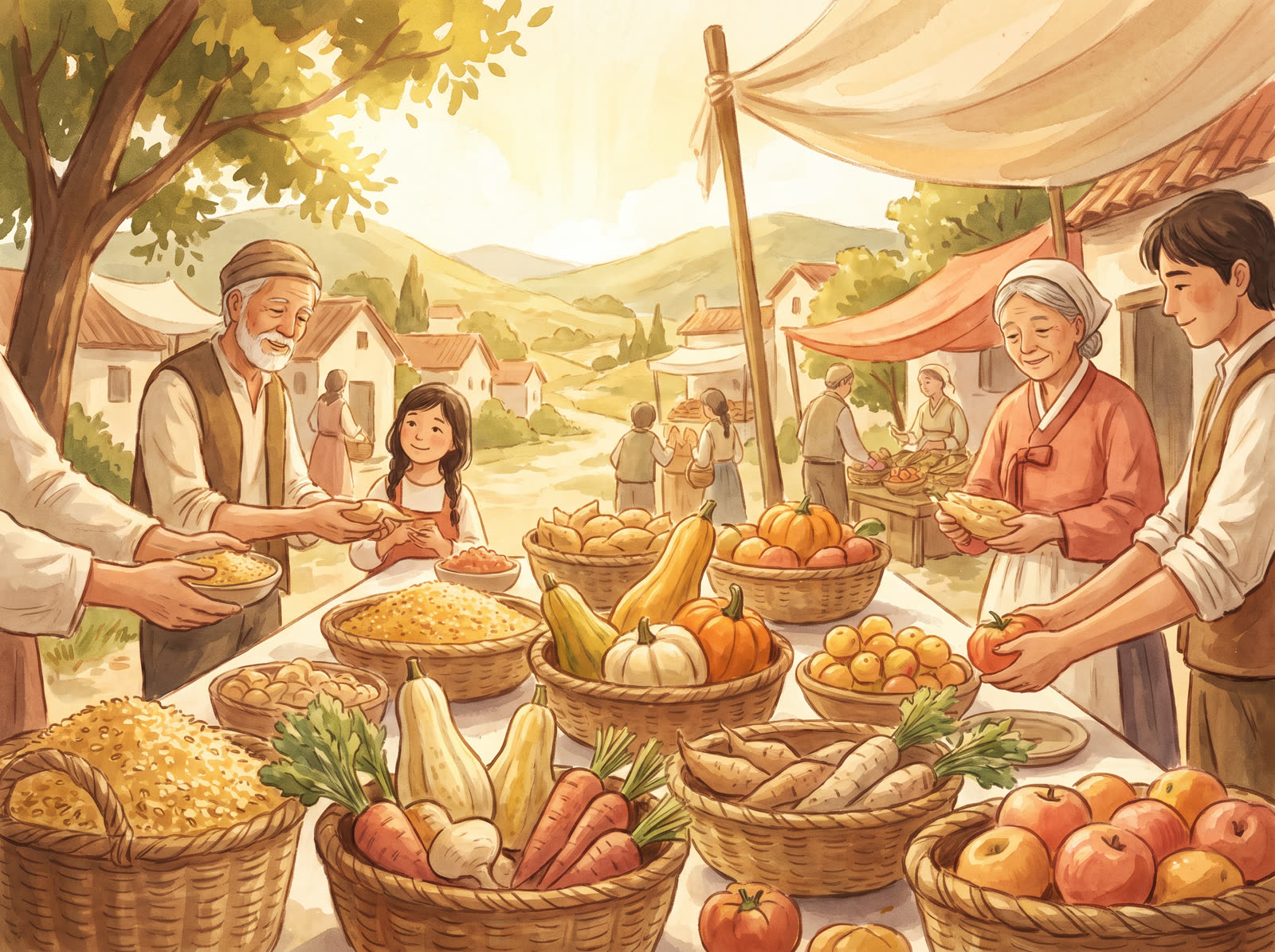 A bountiful harvest market scene with baskets of grain and vegetables and hands sharing food.