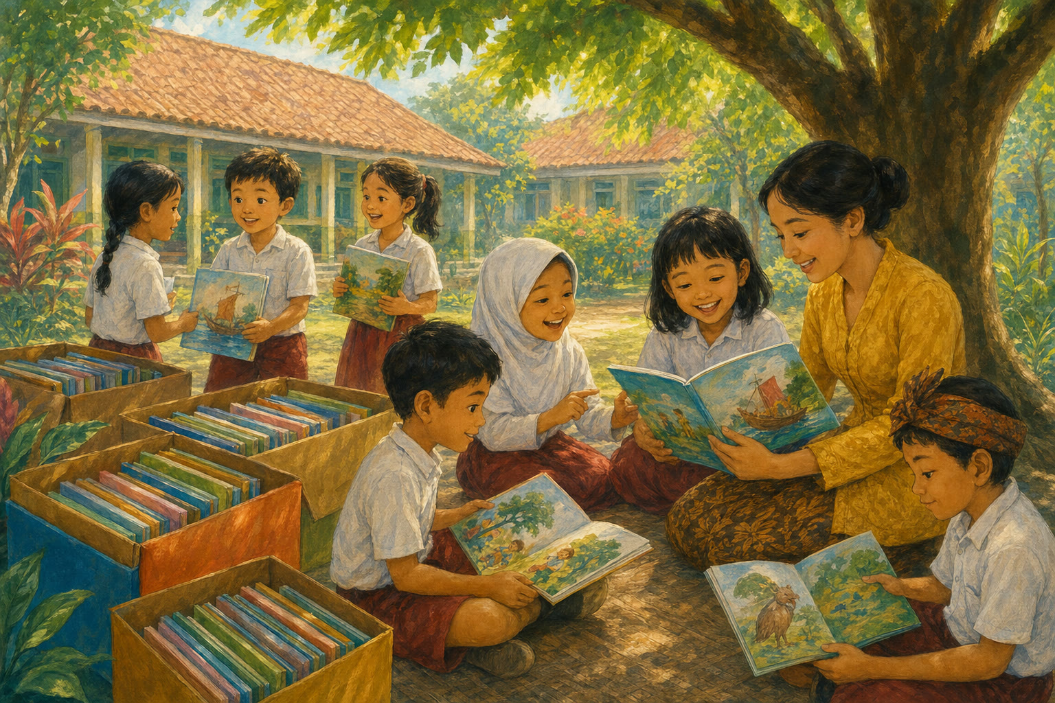 Children and a teacher opening boxes of new storybooks at an Indonesian school.