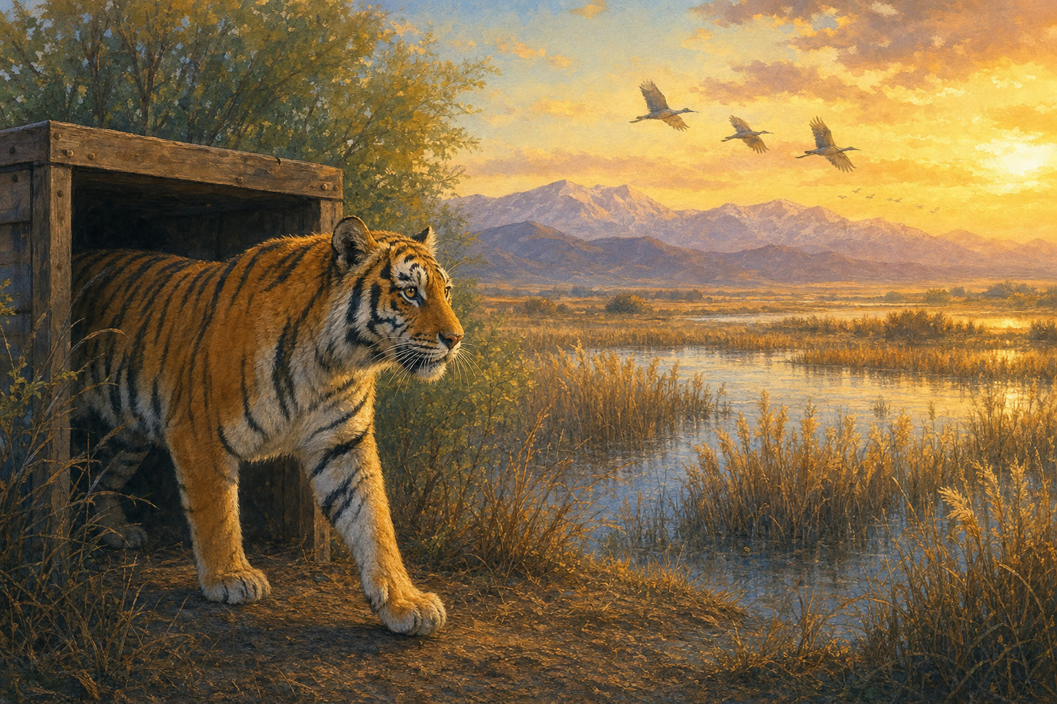 A female Amur tiger stepping into a reed-filled wetland reserve in Kazakhstan.