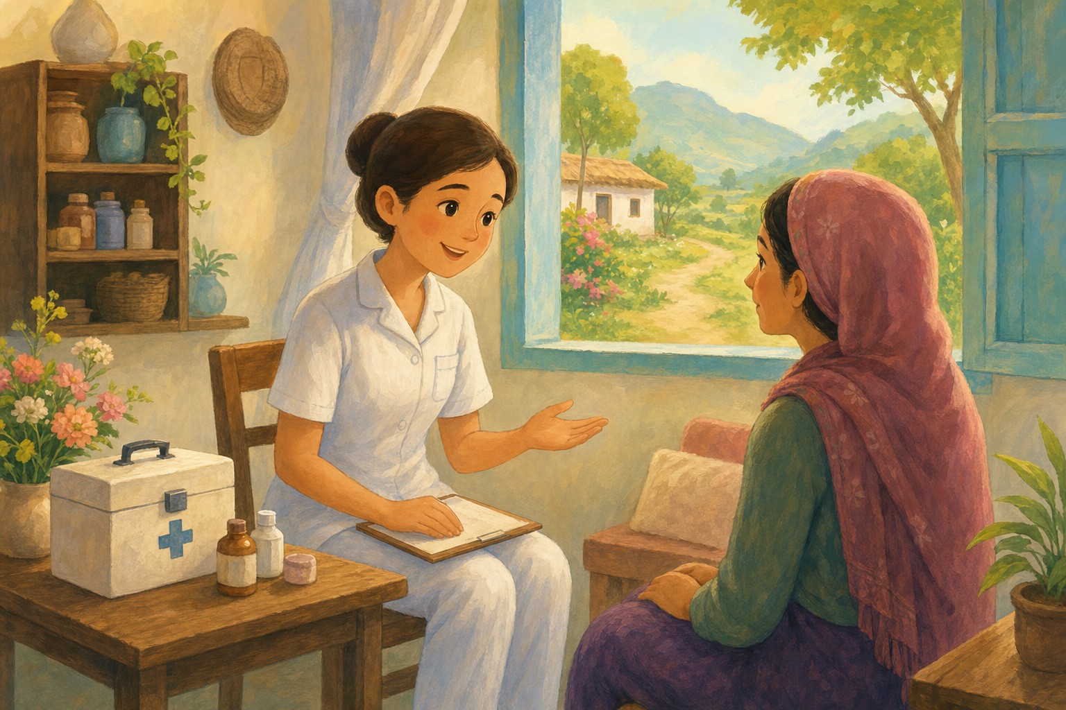 A calm clinic scene where a health worker explains a simpler treatment plan to a patient.