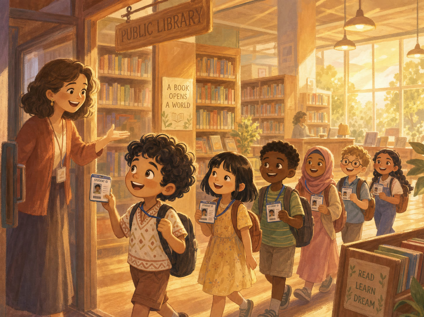 A group of school children happily entering a public library holding their school ID cards, greeted by a friendly librarian.