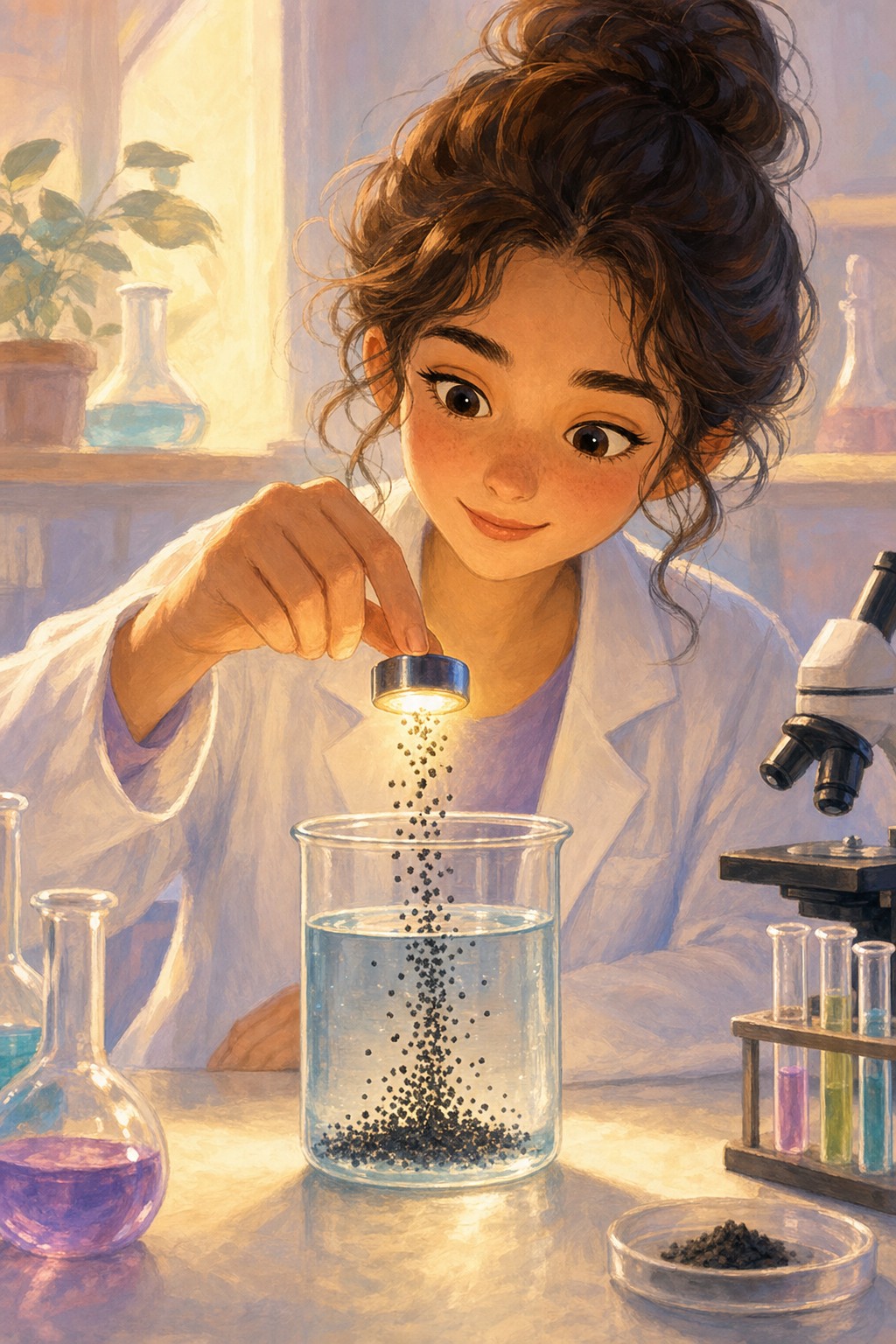 A beaker of water and a magnet-like tool drawing tiny particles out of the water.