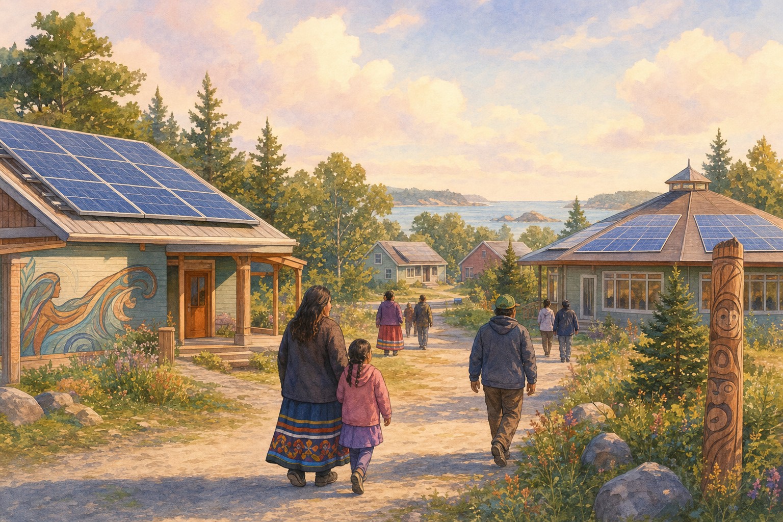 Solar panels on community buildings in a small coastal town.