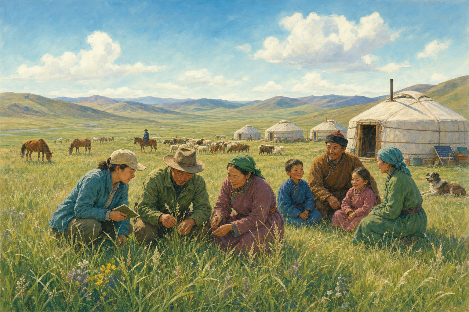 Mongolian grasslands with yurts, healthy grasses and people planning restoration work.