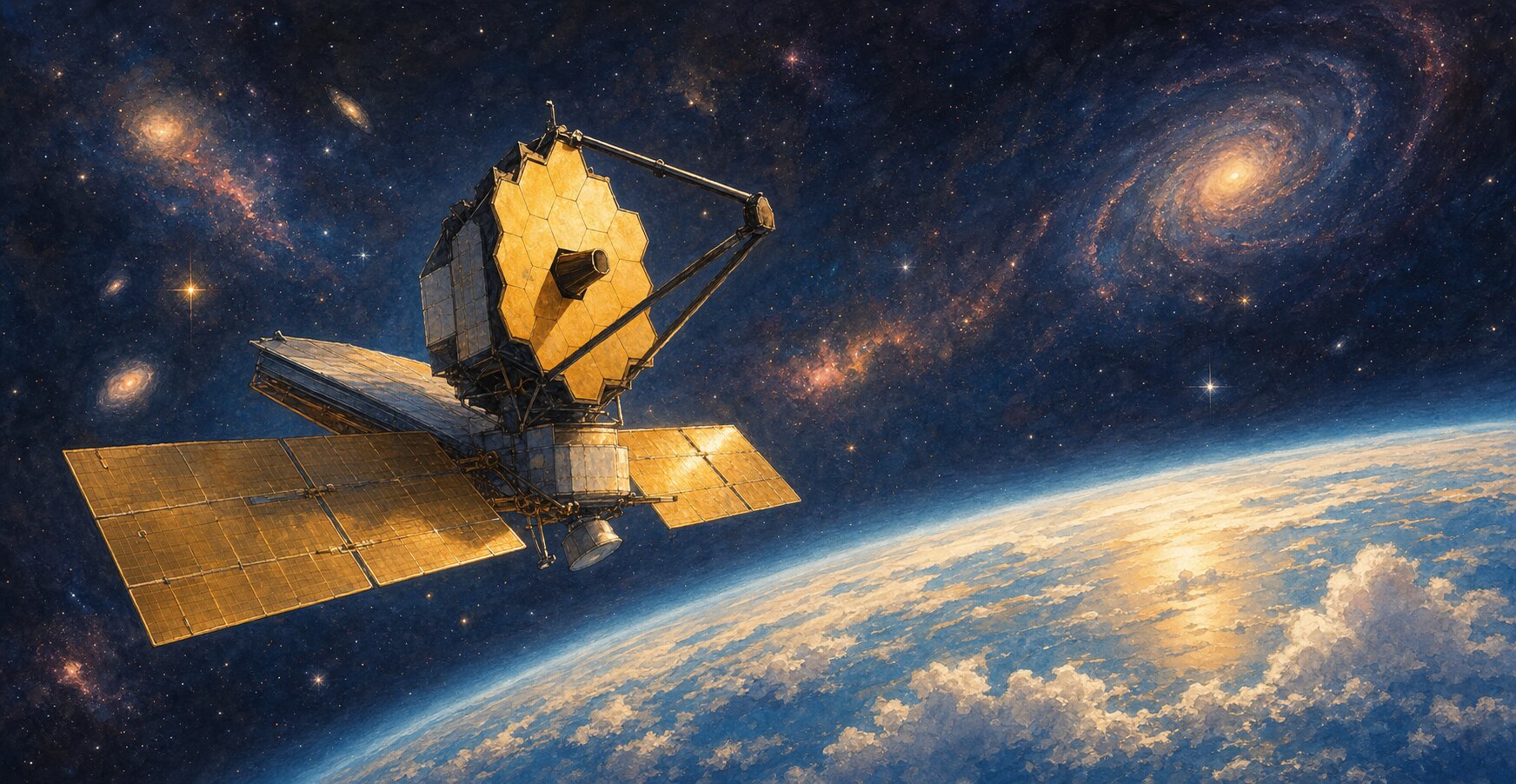 A space telescope with golden solar panels drifting above Earth under a starry sky.