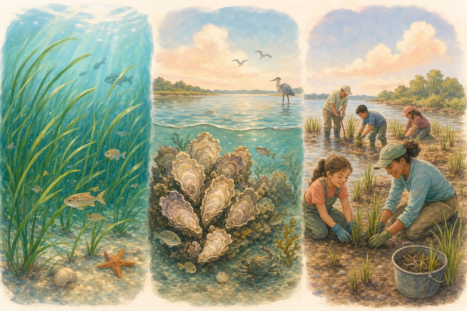 Vignettes of seagrass, oyster reefs, and people planting marsh grasses along a shoreline.