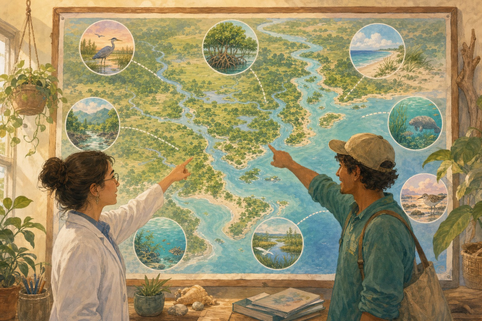 A scientist and volunteer looking at a map of restoration sites, representing public access to environmental recovery work.