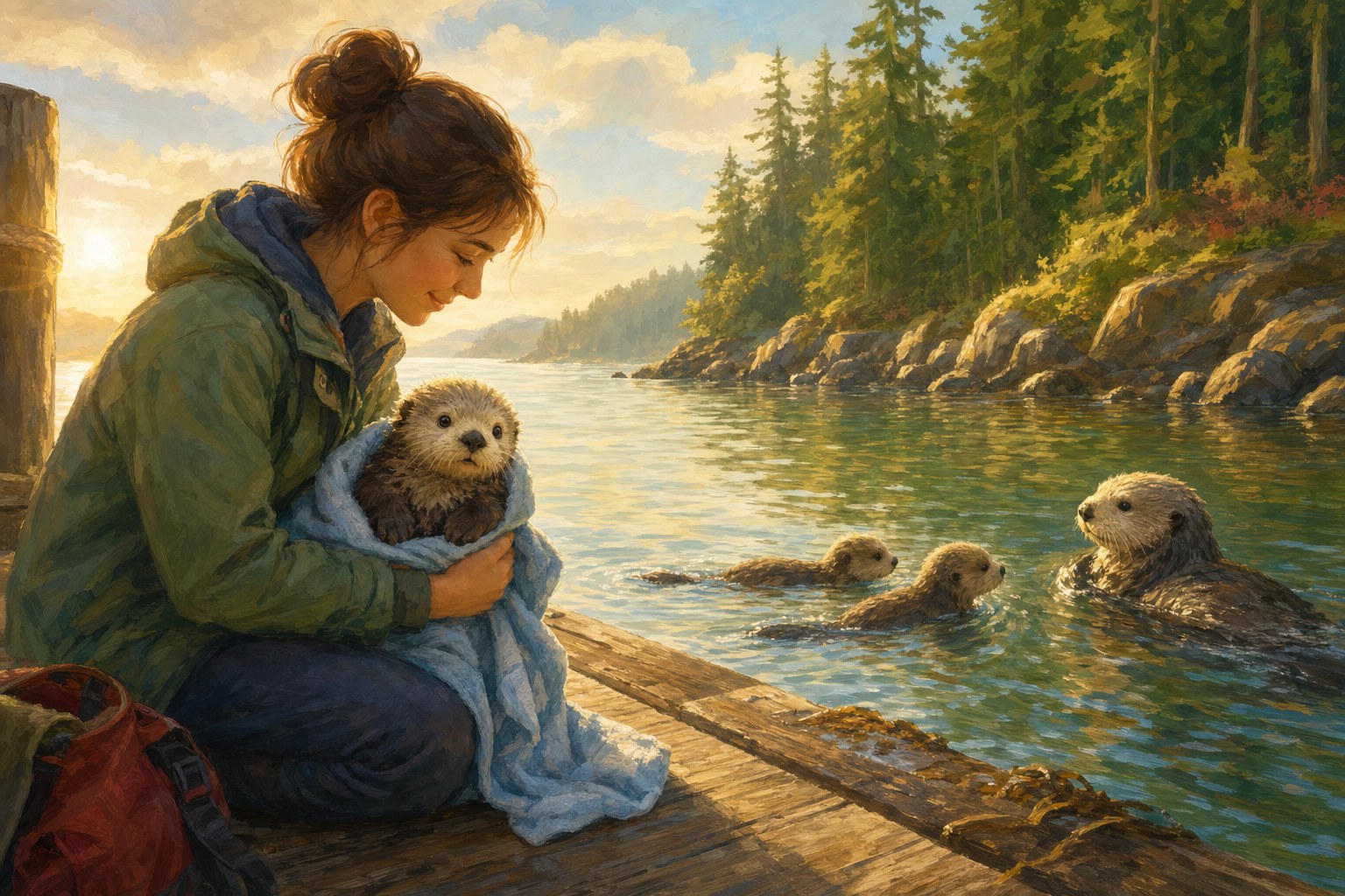 A rescued sea otter pup resting safely on a coastal dock while its family swims nearby.