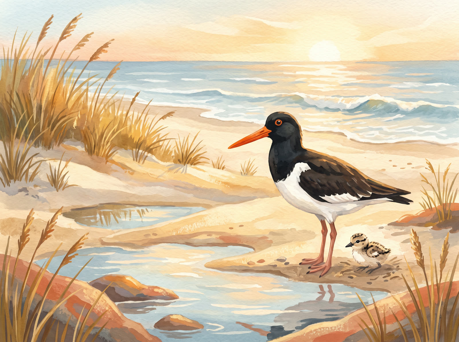 An American oystercatcher shorebird with its chick standing on a sandy Atlantic coastline at golden hour.