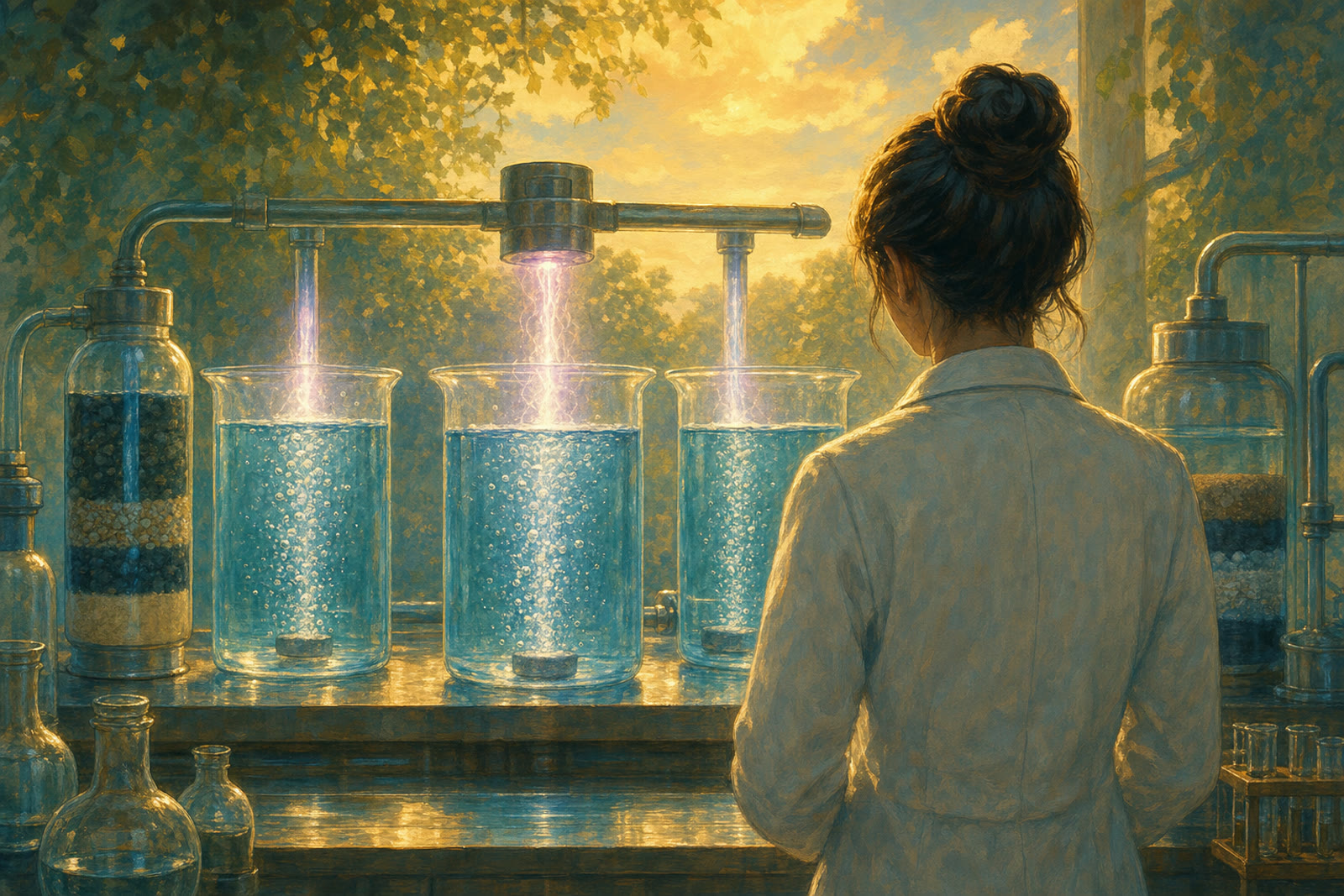 A gentle illustrated lab scene with bubbles rising through a water beaker and a soft light above the surface.