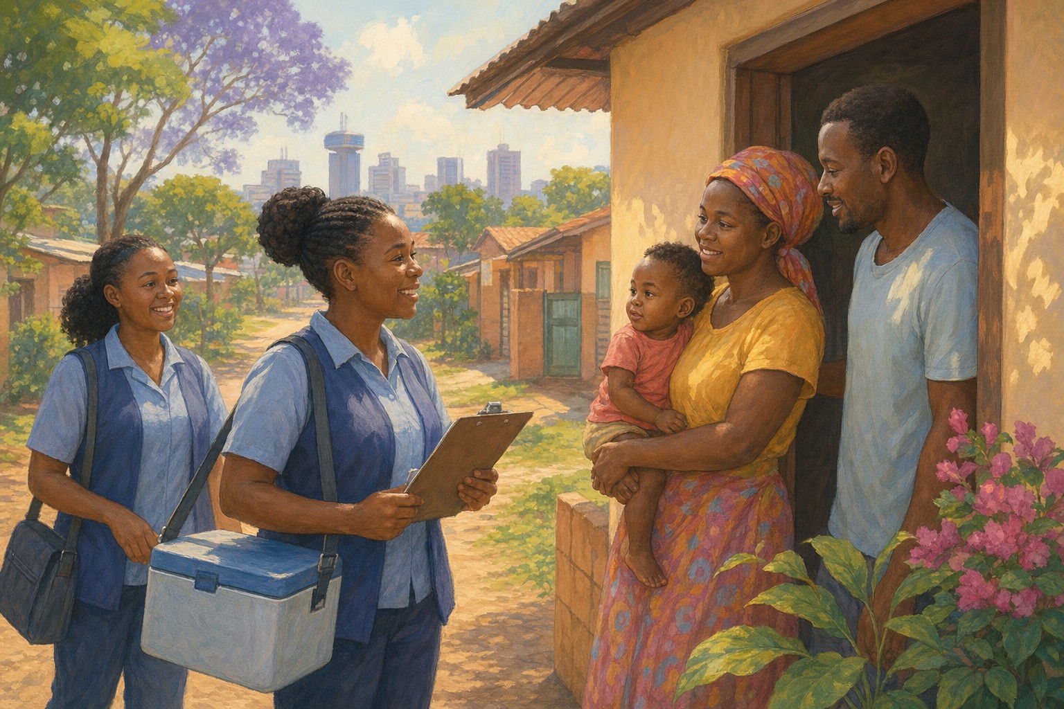 Health workers go door-to-door in a Zimbabwe neighborhood to vaccinate young children against polio.