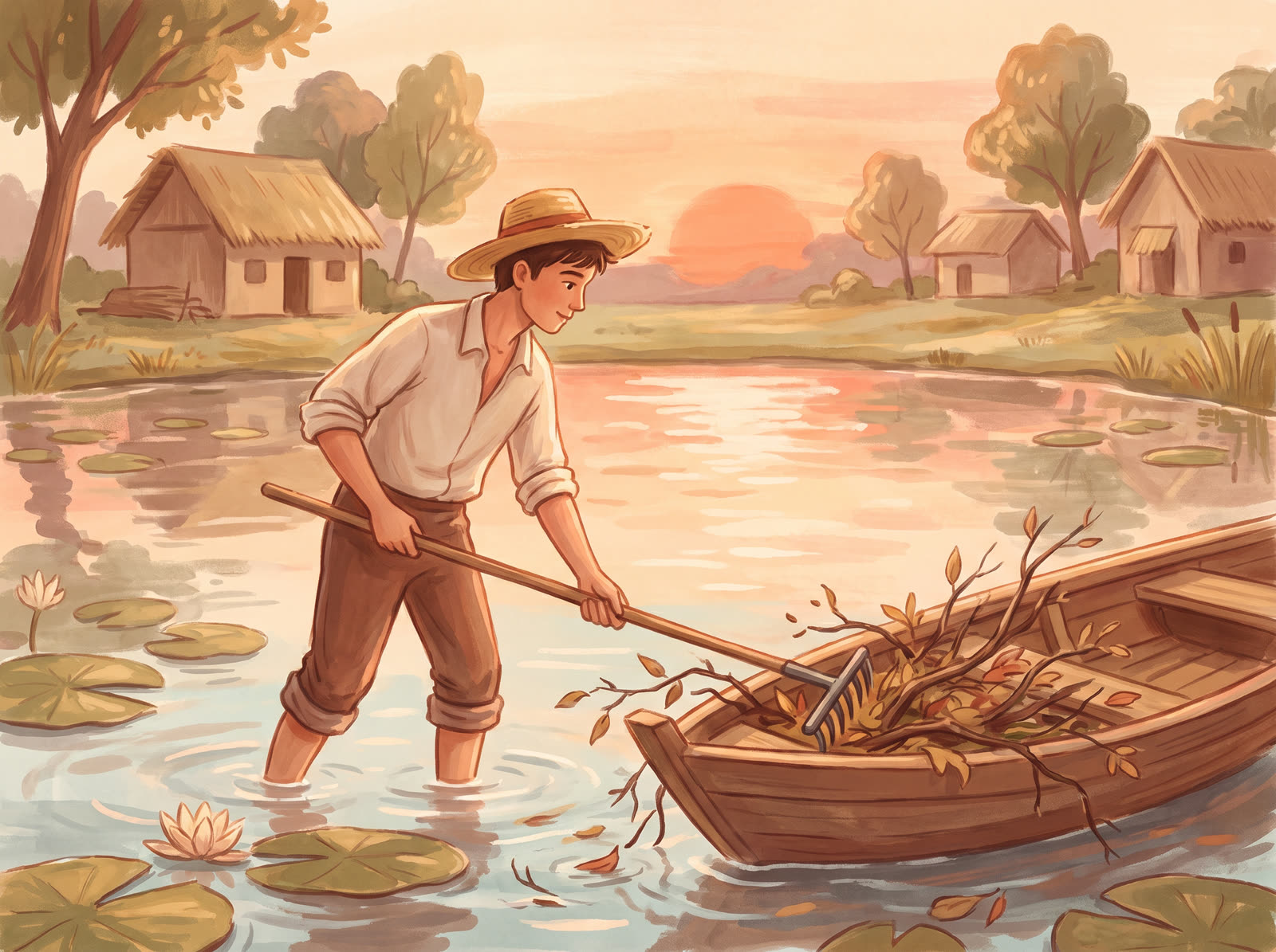 A young man clearing overgrowth and debris from a large calm village pond at sunset.