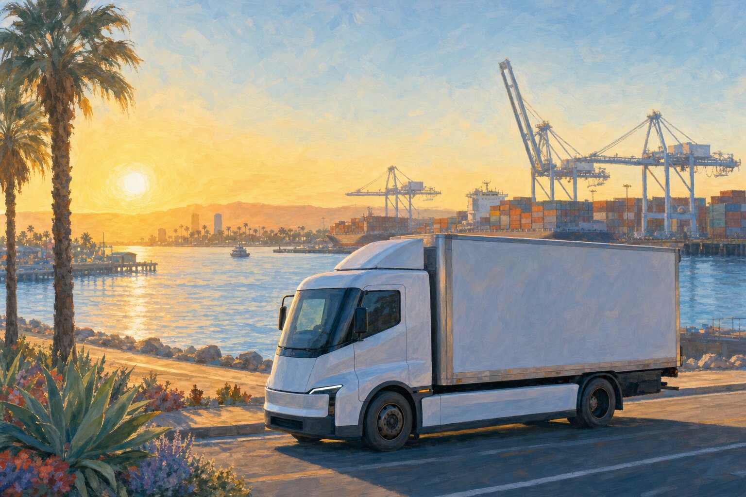 A clean freight truck near the ports of Long Beach and Los Angeles on a bright morning.