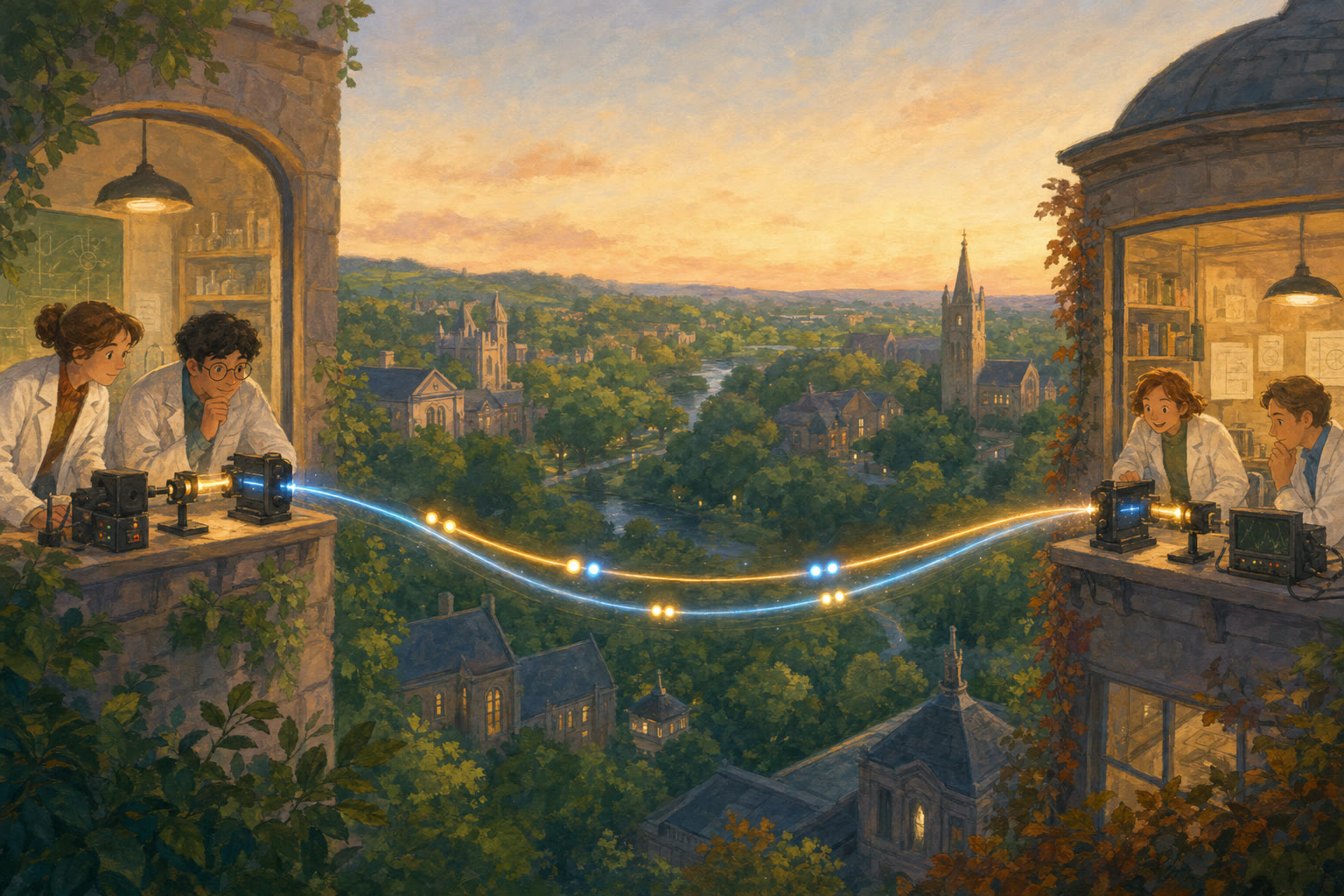 Two research laboratories connected by a glowing fiber-optic line carrying paired lights.