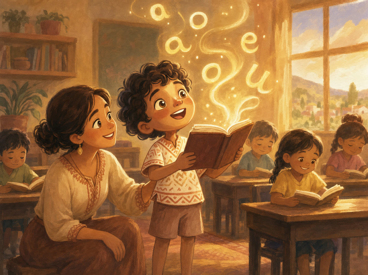 A teacher kneeling beside a delighted young student reading a book aloud in a warm, sunlit classroom.