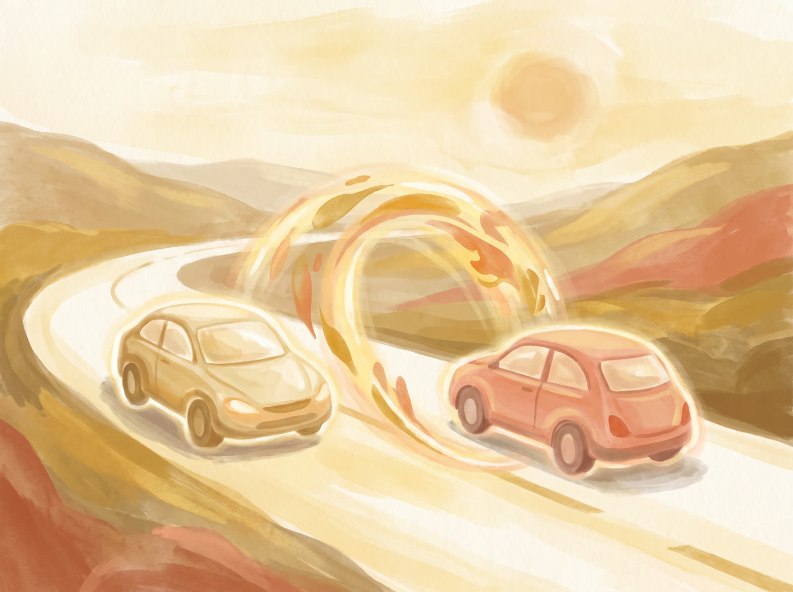 Two cars on a sunlit highway, illustrated in a warm protective style.