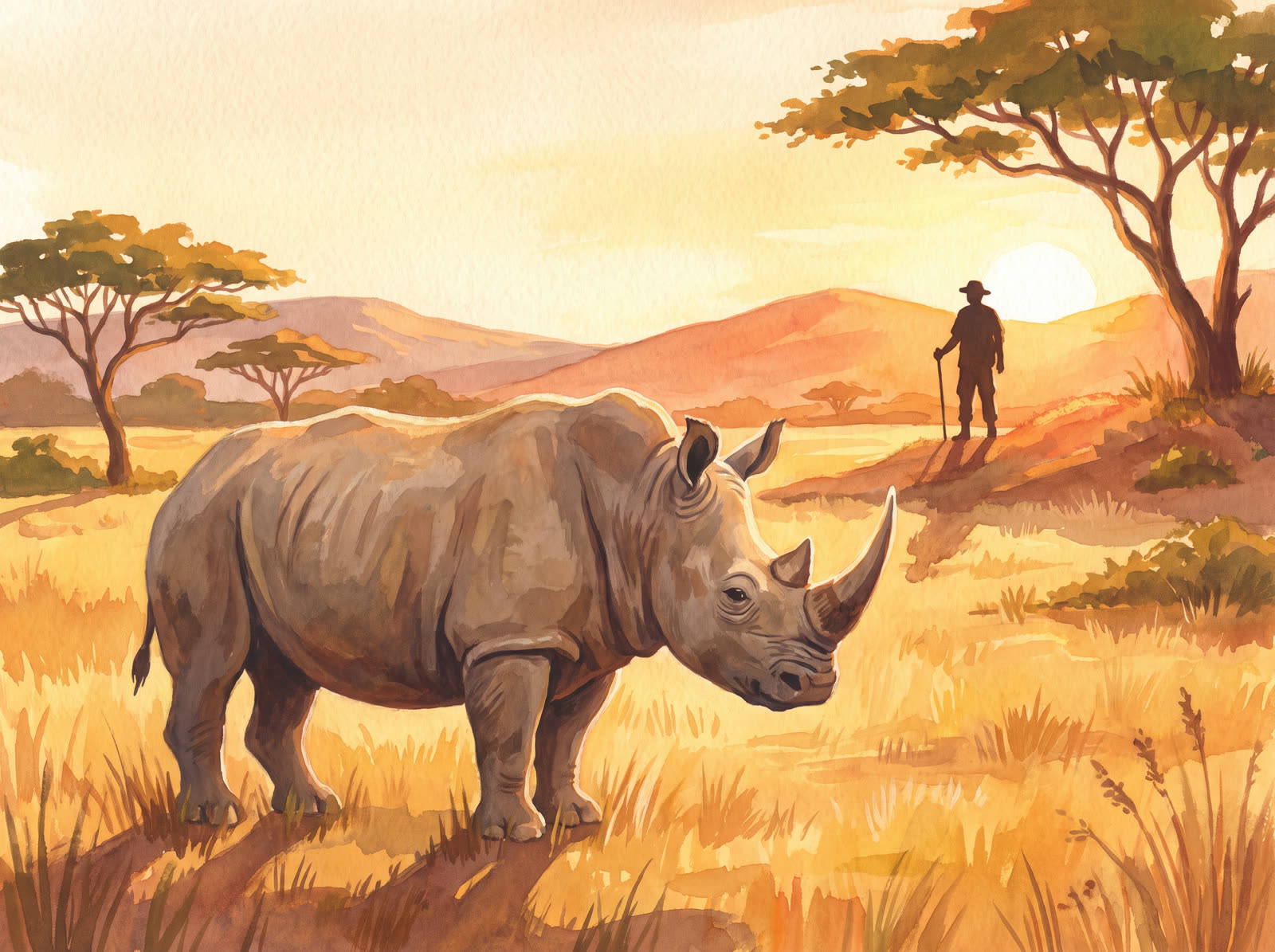 A rhino standing calmly in golden African savanna grassland at sunrise with a distant ranger silhouette.