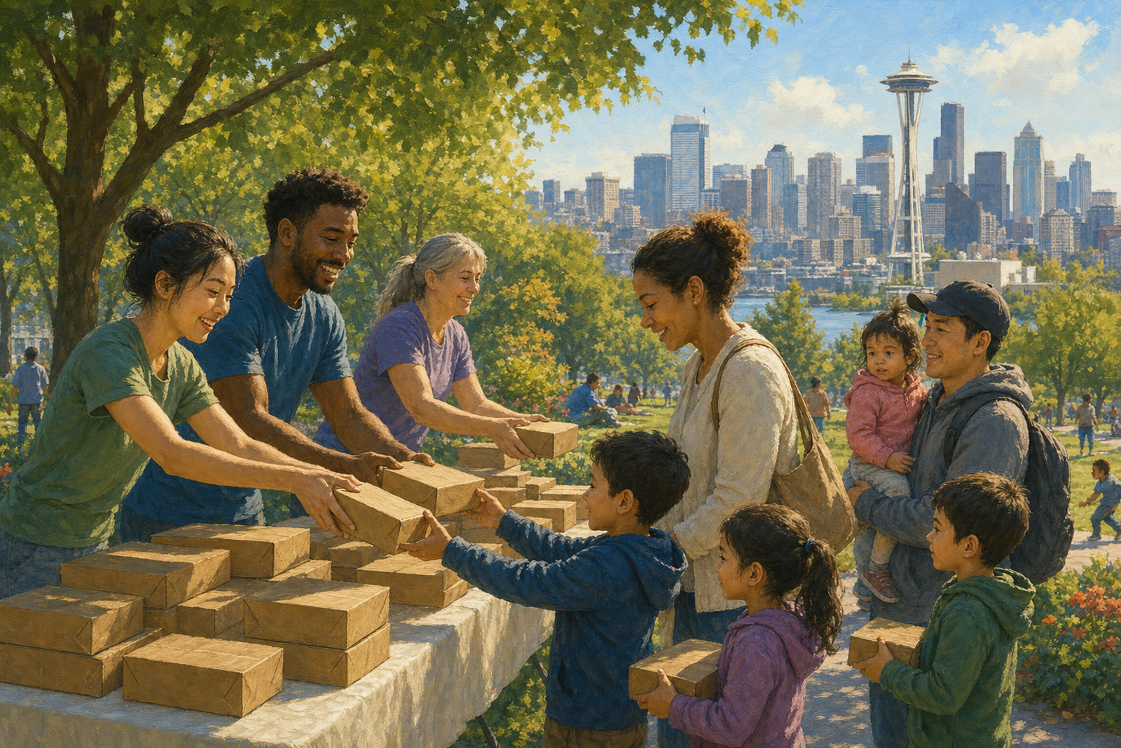 A warm illustrated park scene where volunteers hand out boxed lunches to families.