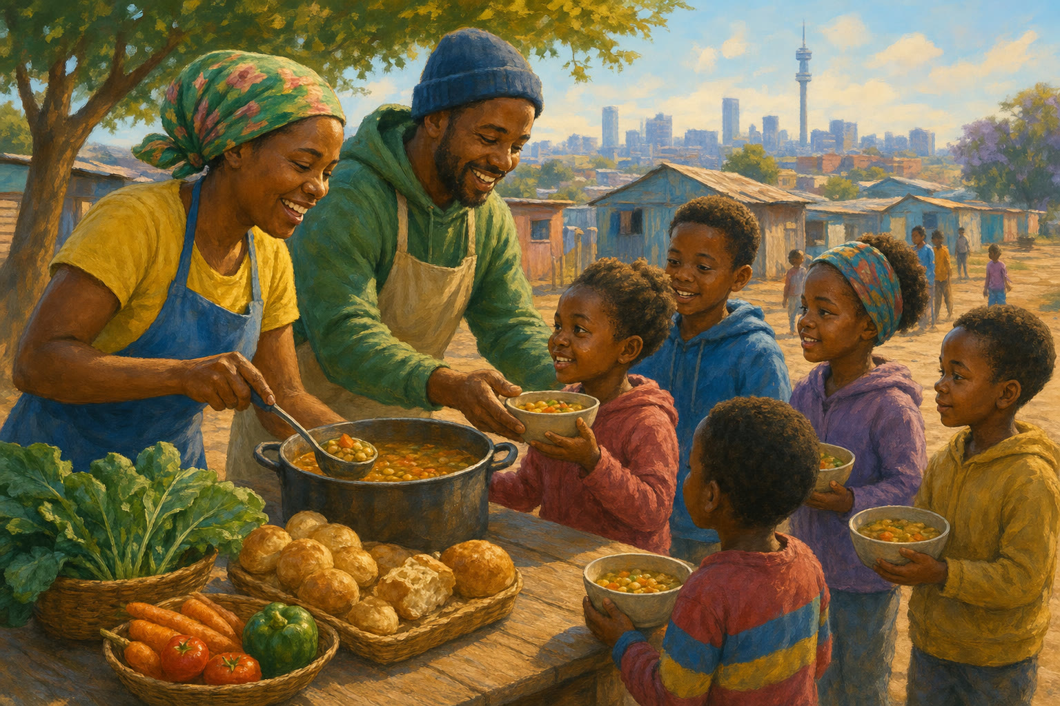 Community volunteers serving meals to children at an outdoor table.